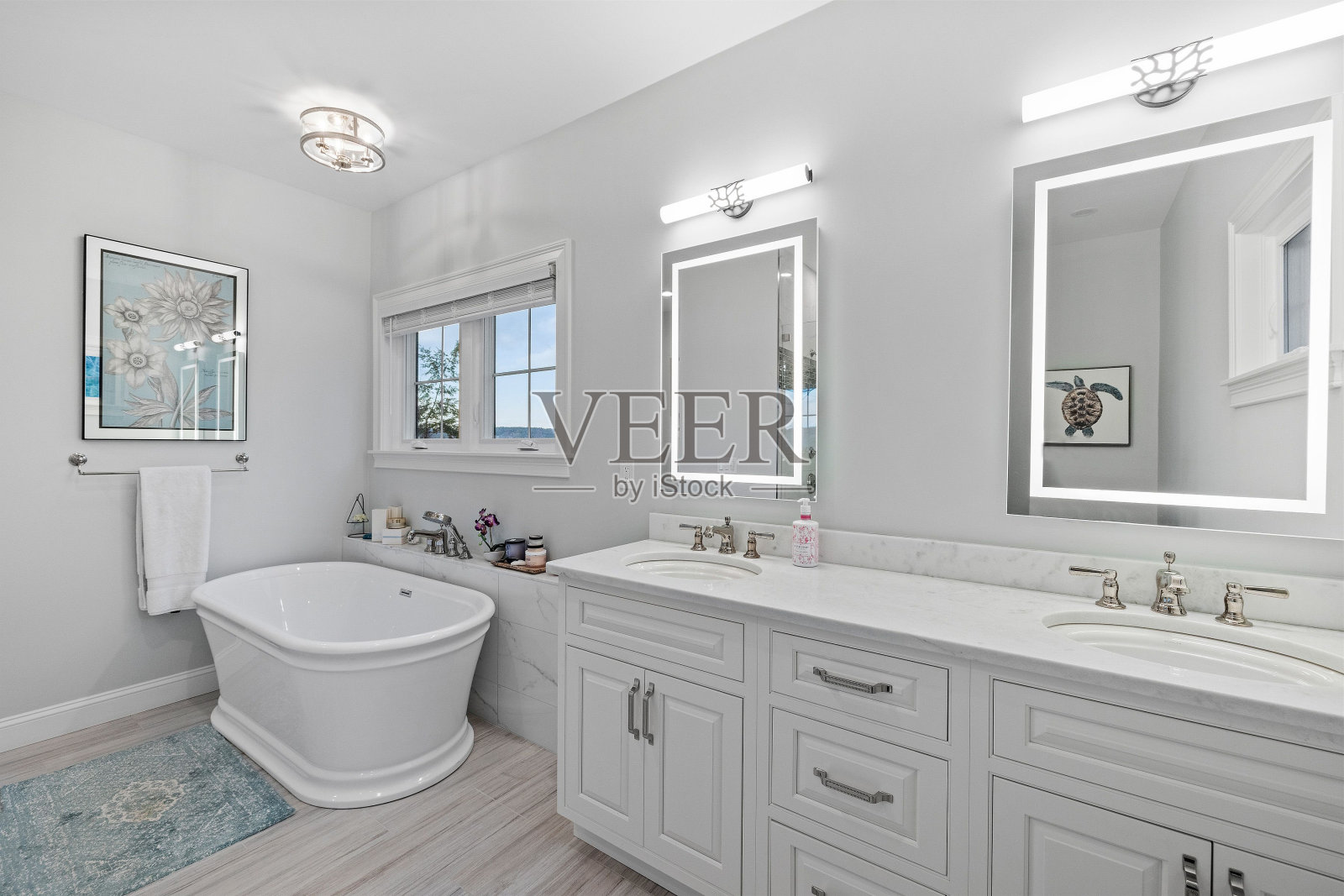 轻现代浴室,有两个水槽,镜子,和一个小浴室照片摄影图片