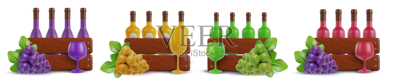 3d逼真的组成与瓶在木盒子,葡萄和葡萄酒杯。矢量对象在现代最小卡通光泽风格。甜美的彩色插图孤立在白色背景上。插画图片素材