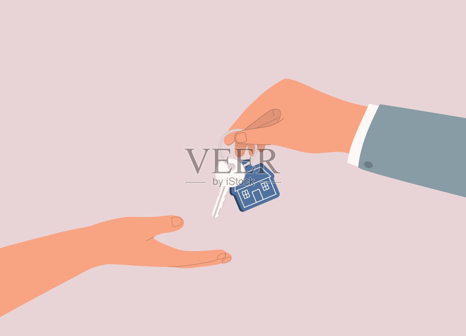一个人的手把房子钥匙交给另一个人的手。插画图片素材