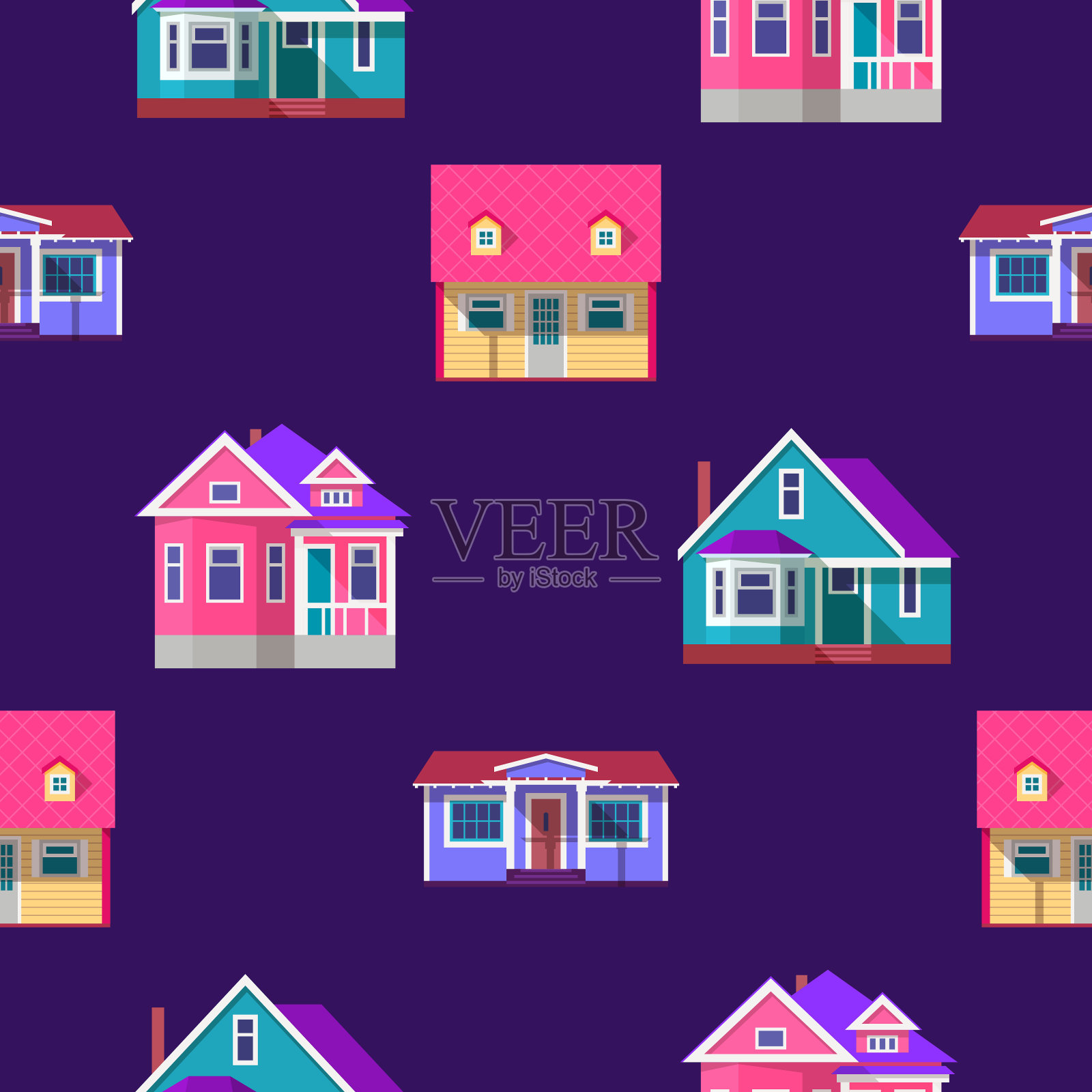 明亮的平面风格的房屋图案。矢量图插画图片素材