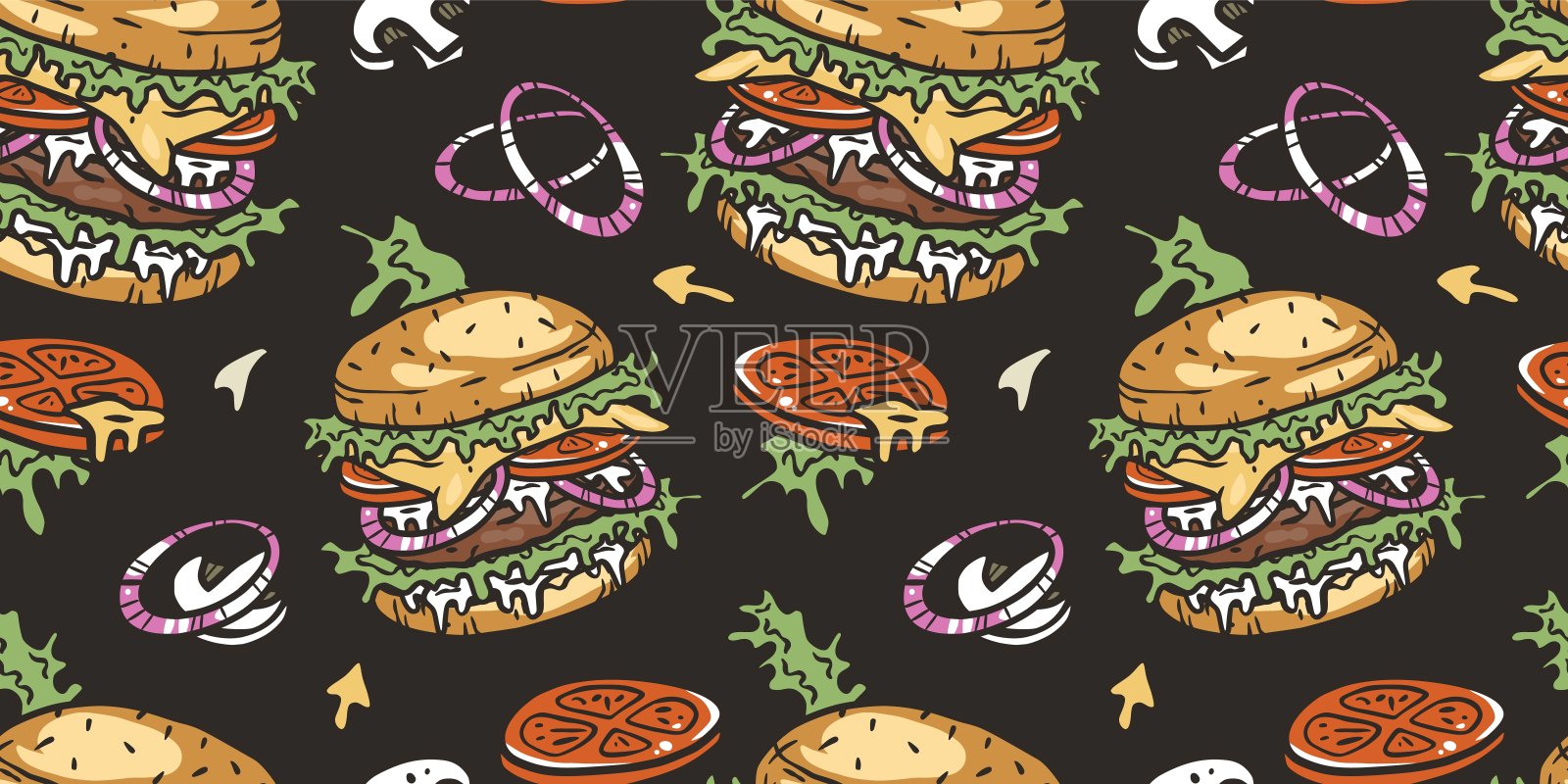 无缝图案汉堡与肉,奶酪和蔬菜的设计标签,横幅或海报。快餐有面包,生菜,奶酪,番茄,洋葱,肉排插画图片素材