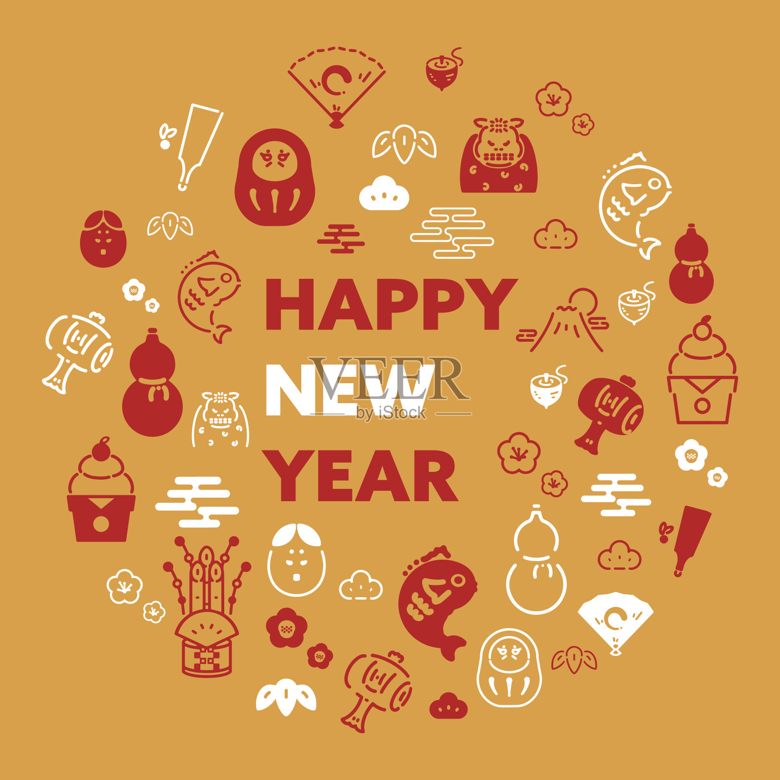 以日本新年为灵感的线条图标装饰的新年快乐模板(金色)插画图片素材