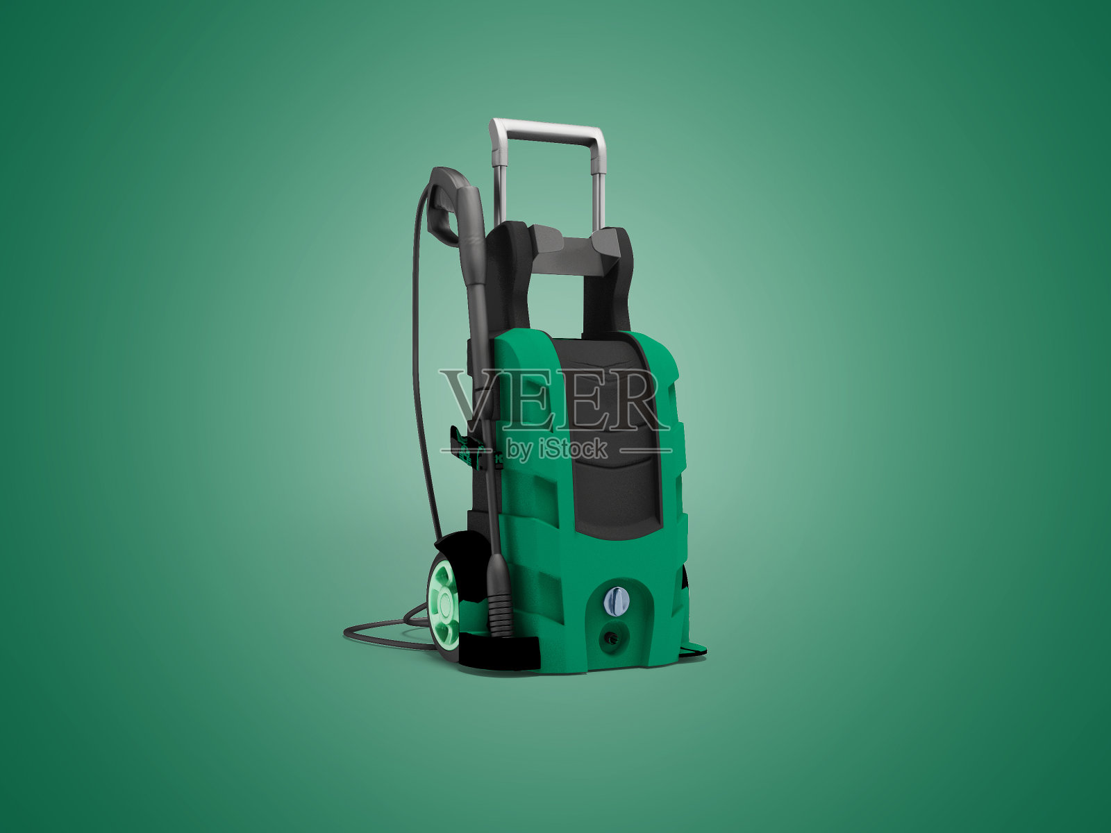 电动高压洗车机的三维插图在绿色背景与阴影照片摄影图片
