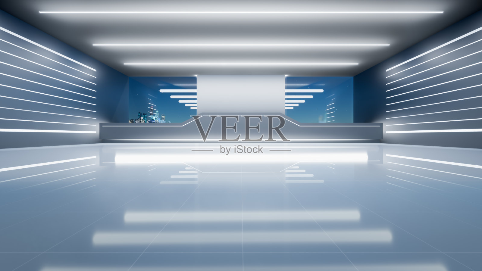 3d渲染的未来展厅和白色瓷砖地板的背景。照片摄影图片