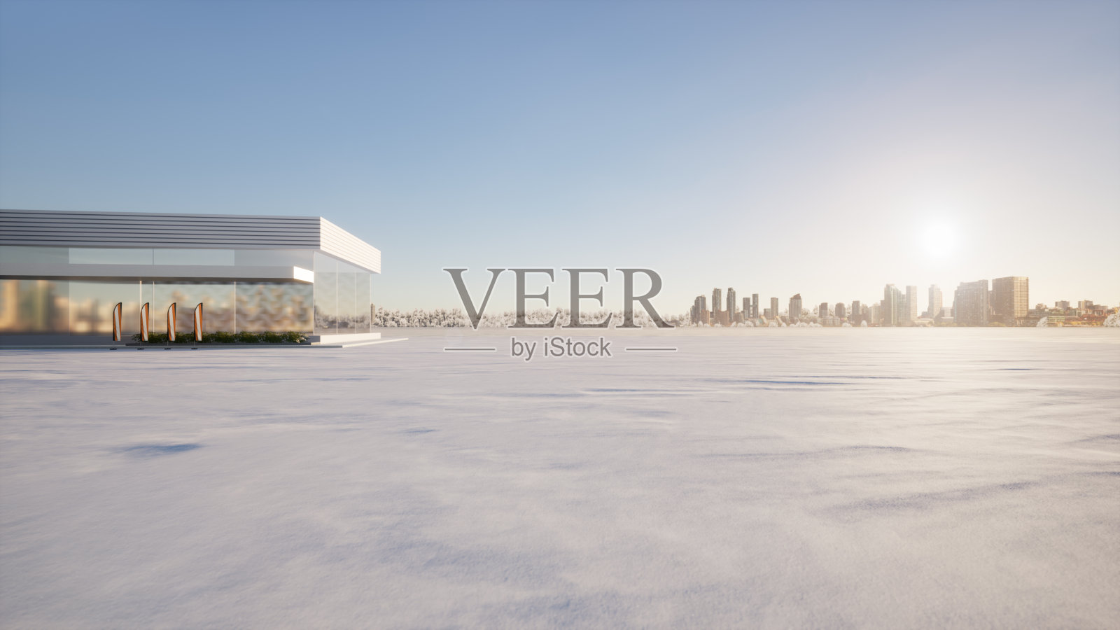 地面层积雪的3d渲染,以展厅为背景。照片摄影图片