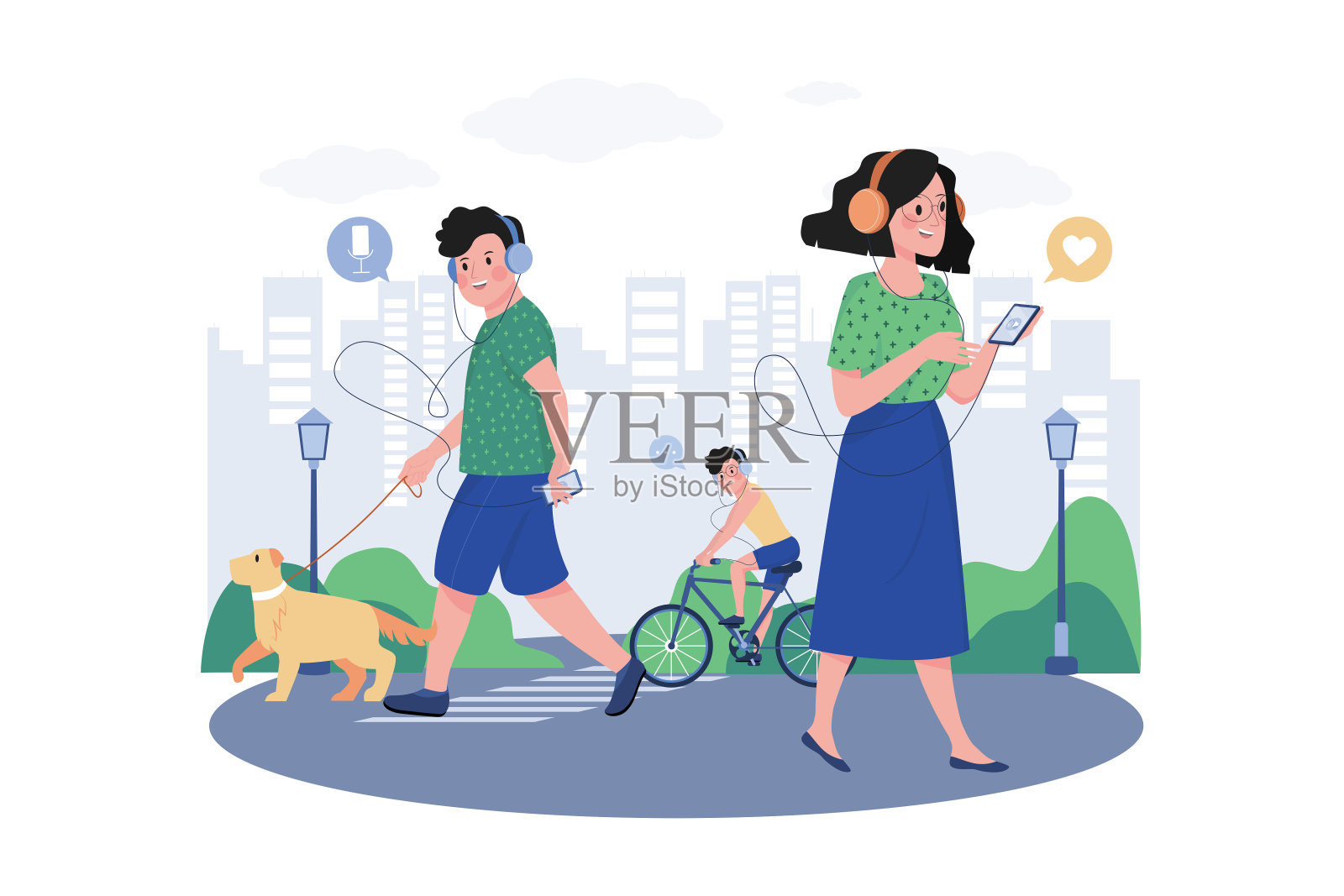 人们走在街上听播客插画图片素材