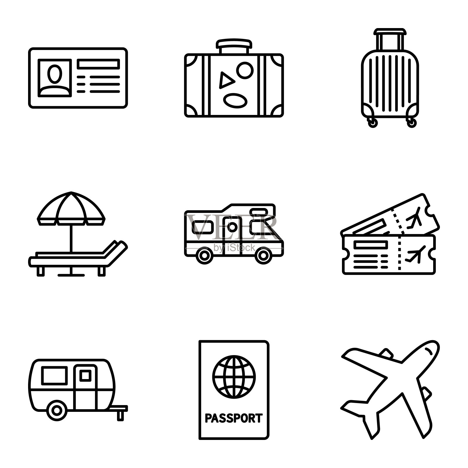 旅行相关的图标集。夏天,度假,海滩元素。图标素材