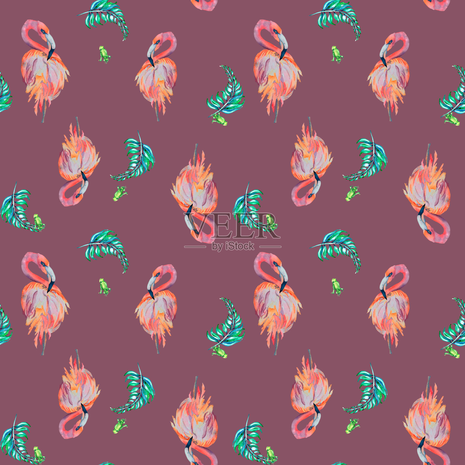 热带鸟类火烈鸟和棕榈叶水彩无缝图案的粉红色背景。插画图片素材