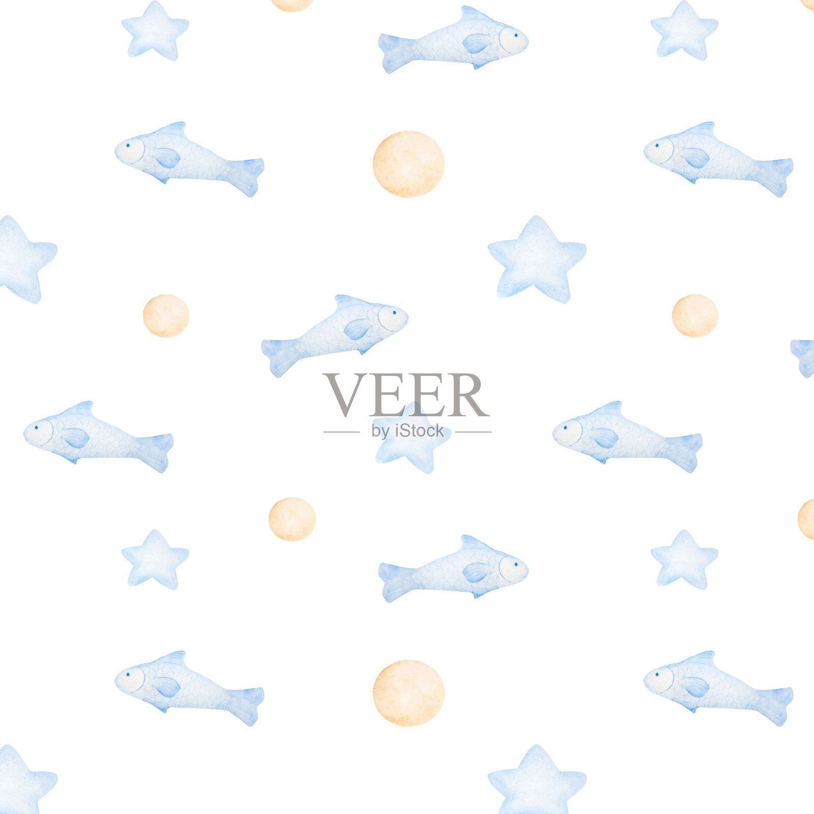 水彩无缝图案与鱼,球和星星在蓝色的白色背景插画图片素材