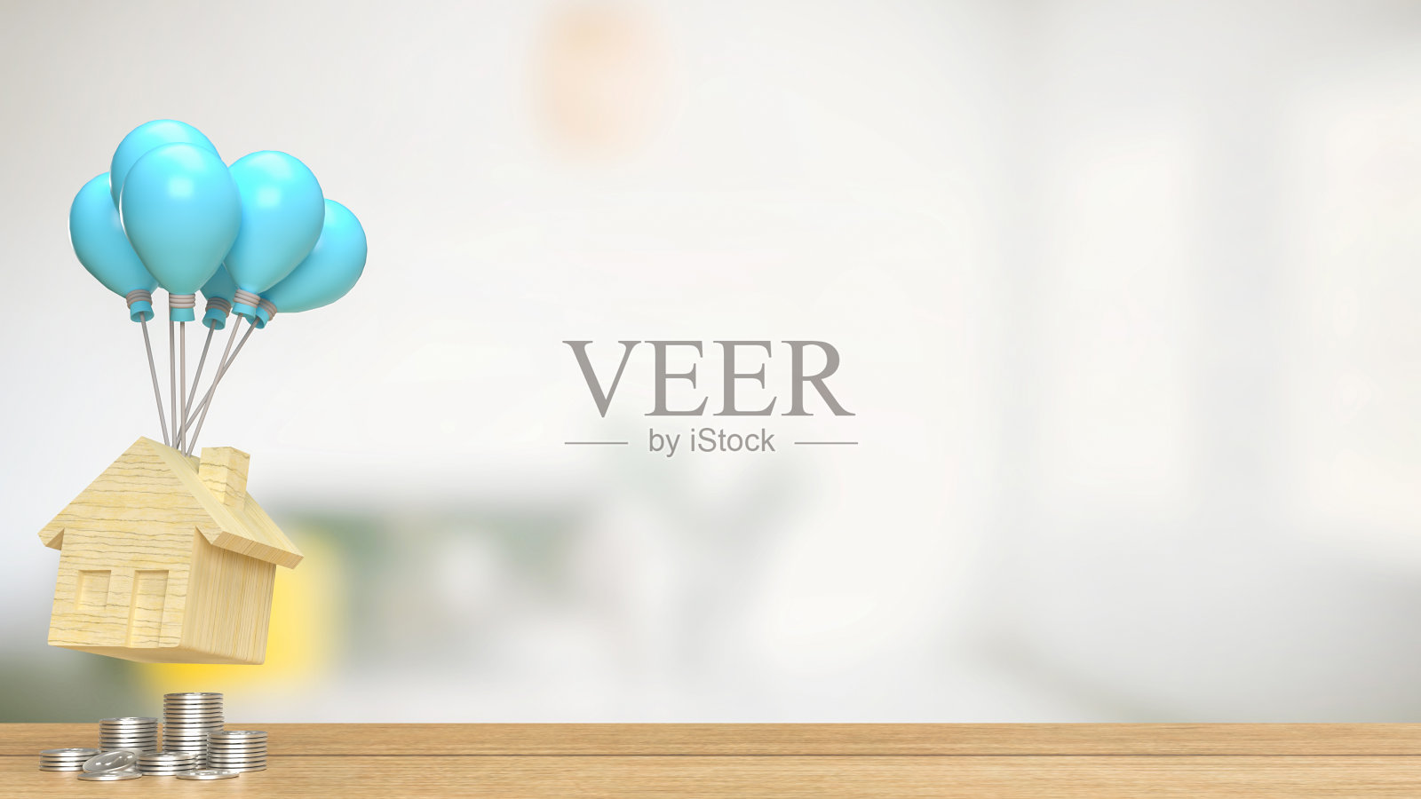 家庭木材和蓝色气球的财产概念3d渲染照片摄影图片