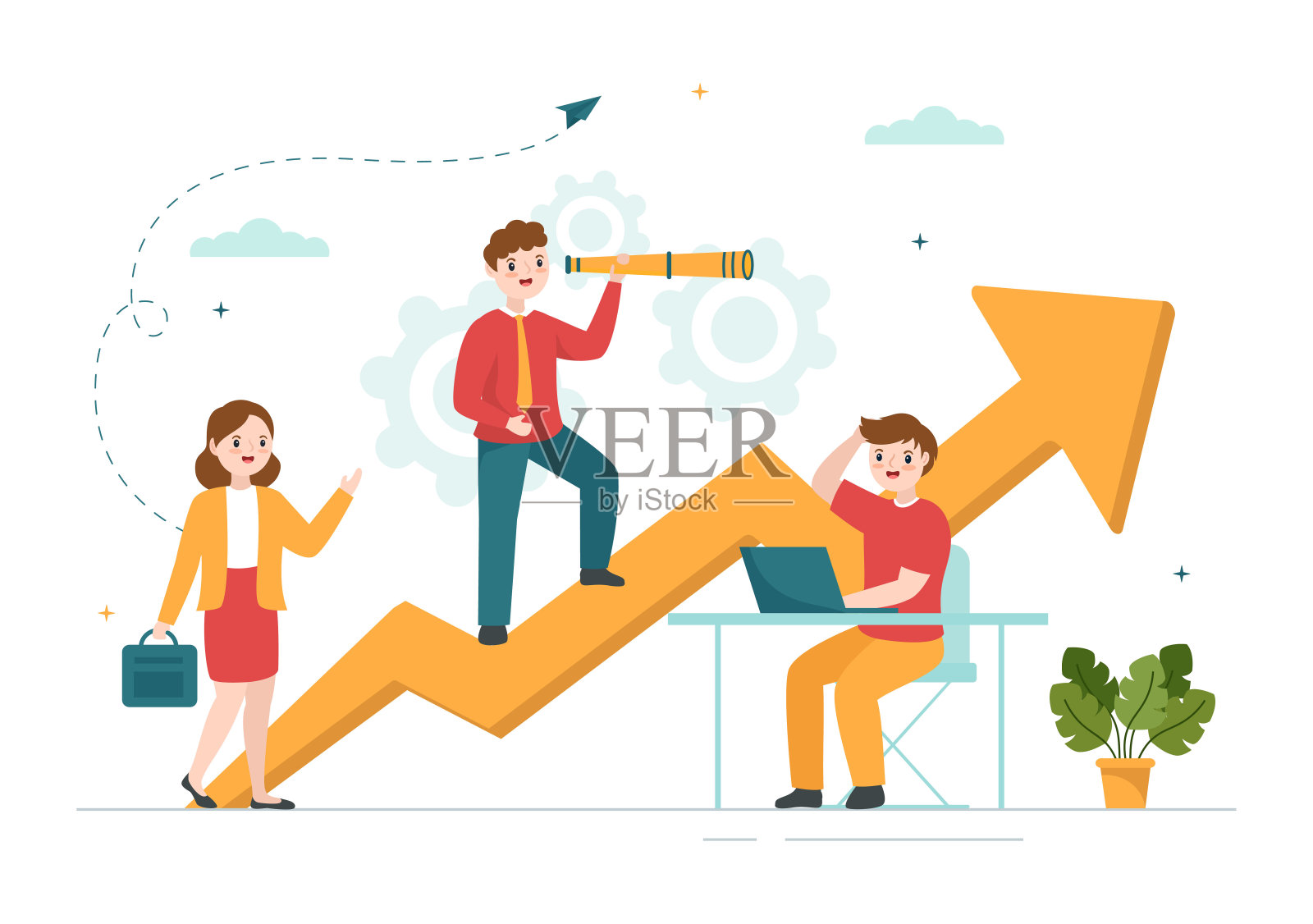 商业领导与商人领导帮助团队在平面卡通手绘模板插图中发展自己的成功插画图片素材