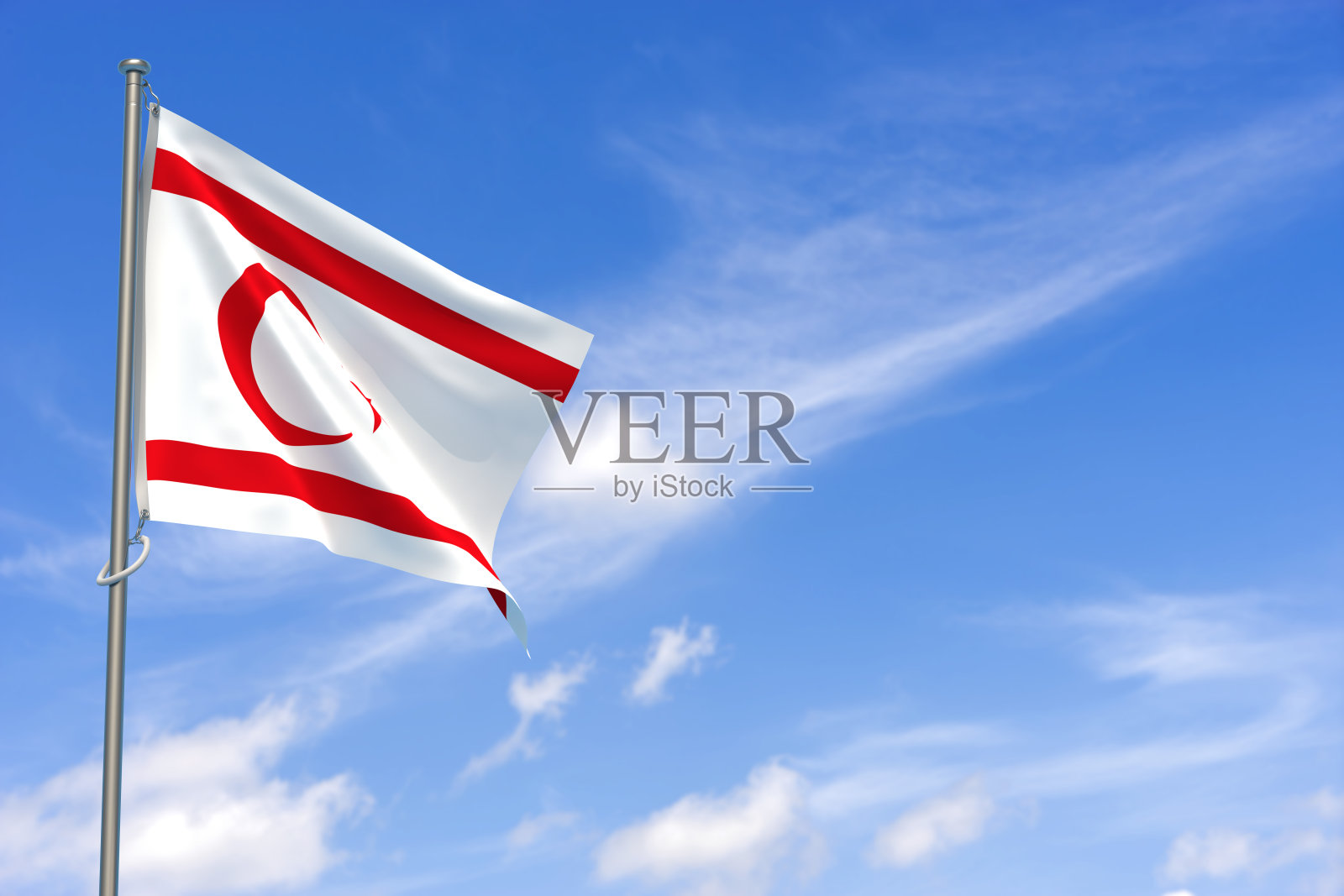 北塞浦路斯土耳其共和国国旗在蓝天背景。3D插图照片摄影图片