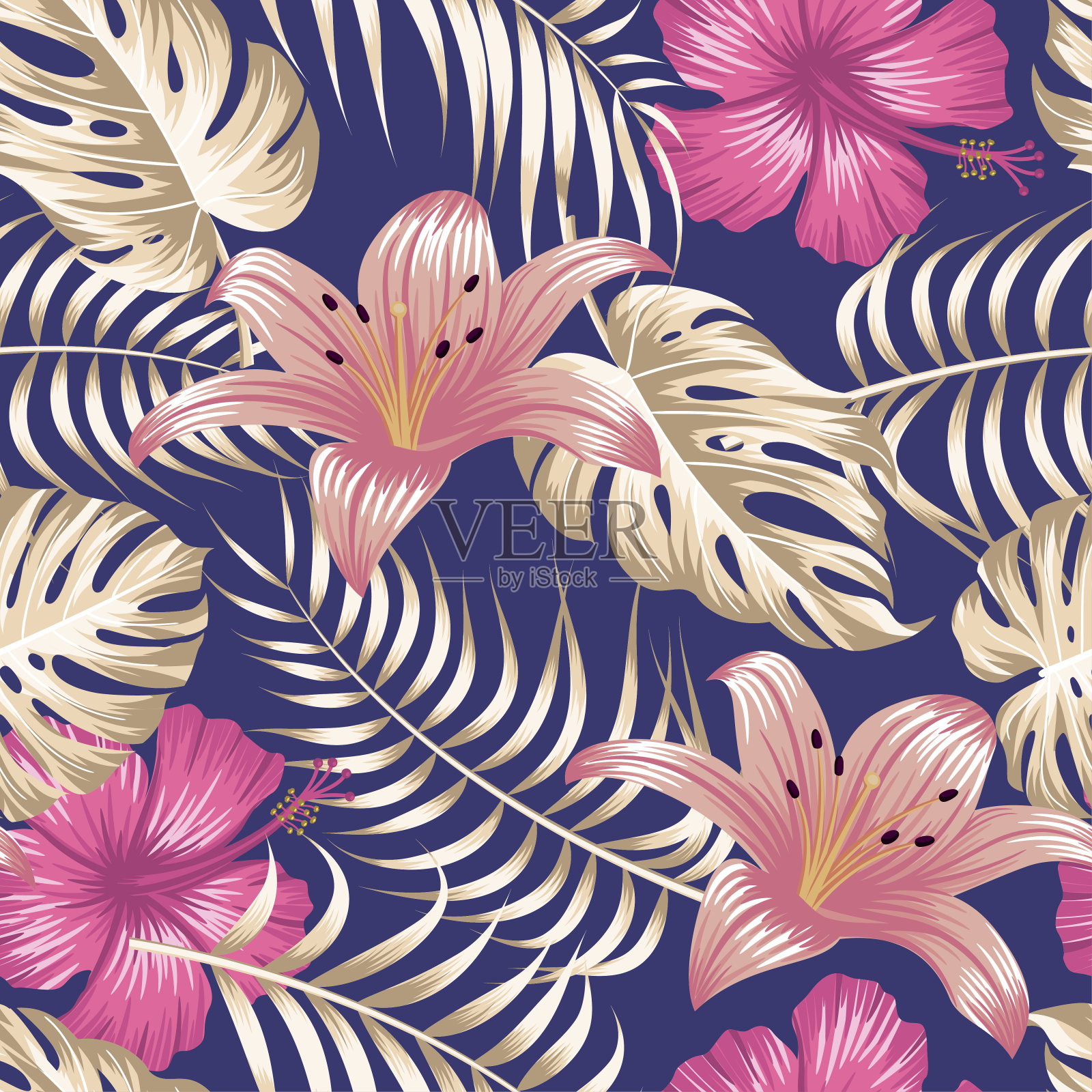 花与叶子无缝模式。热带的背景插画图片素材
