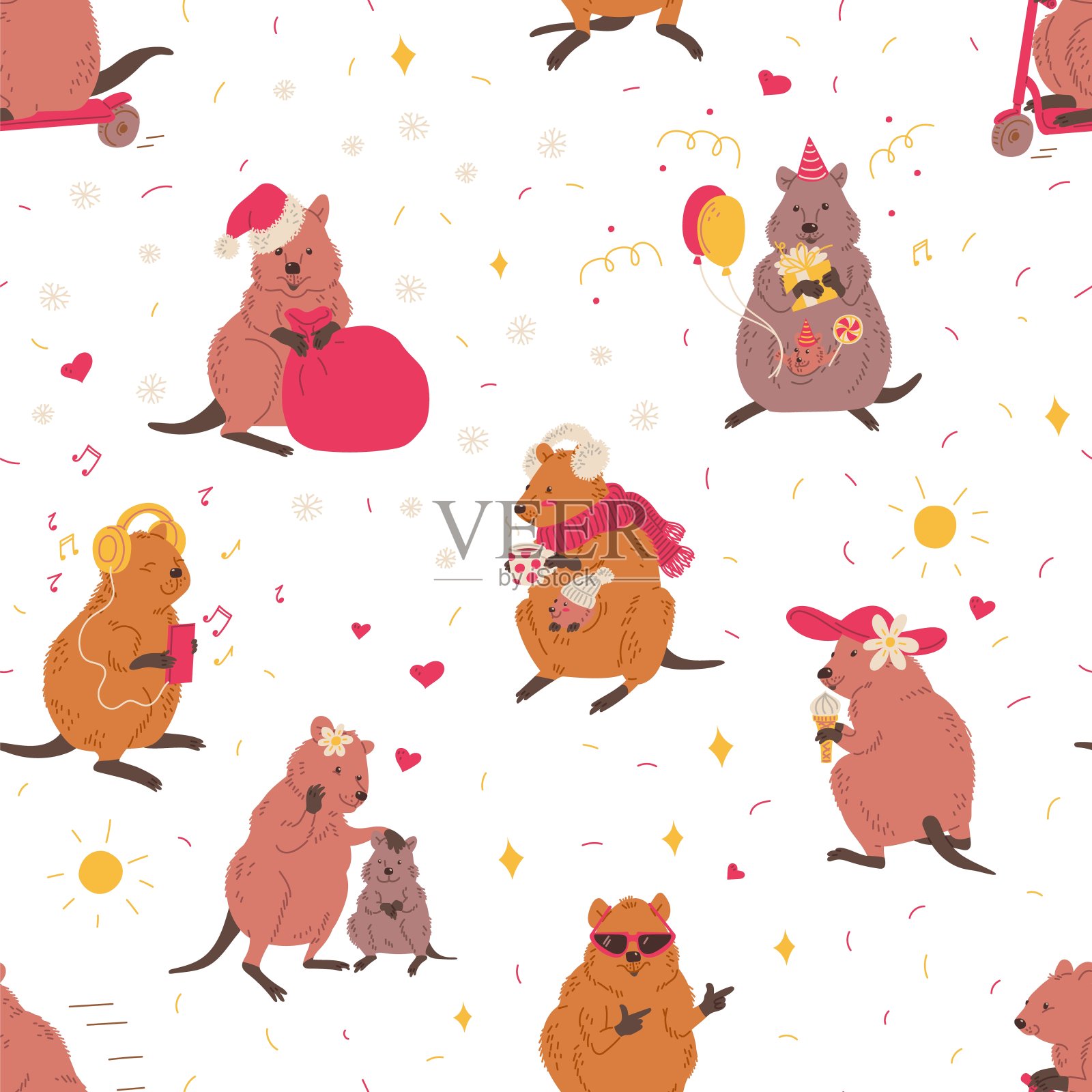 无缝装饰图案与搞笑可爱的短尾矮袋鼠字符平面矢量。插画图片素材