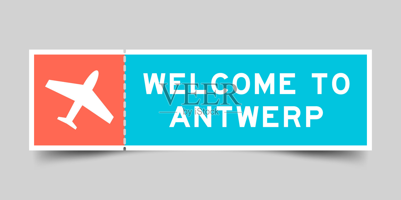 橙色和蓝色机票与飞机图标和文字欢迎到安特卫普灰色背景插画图片素材