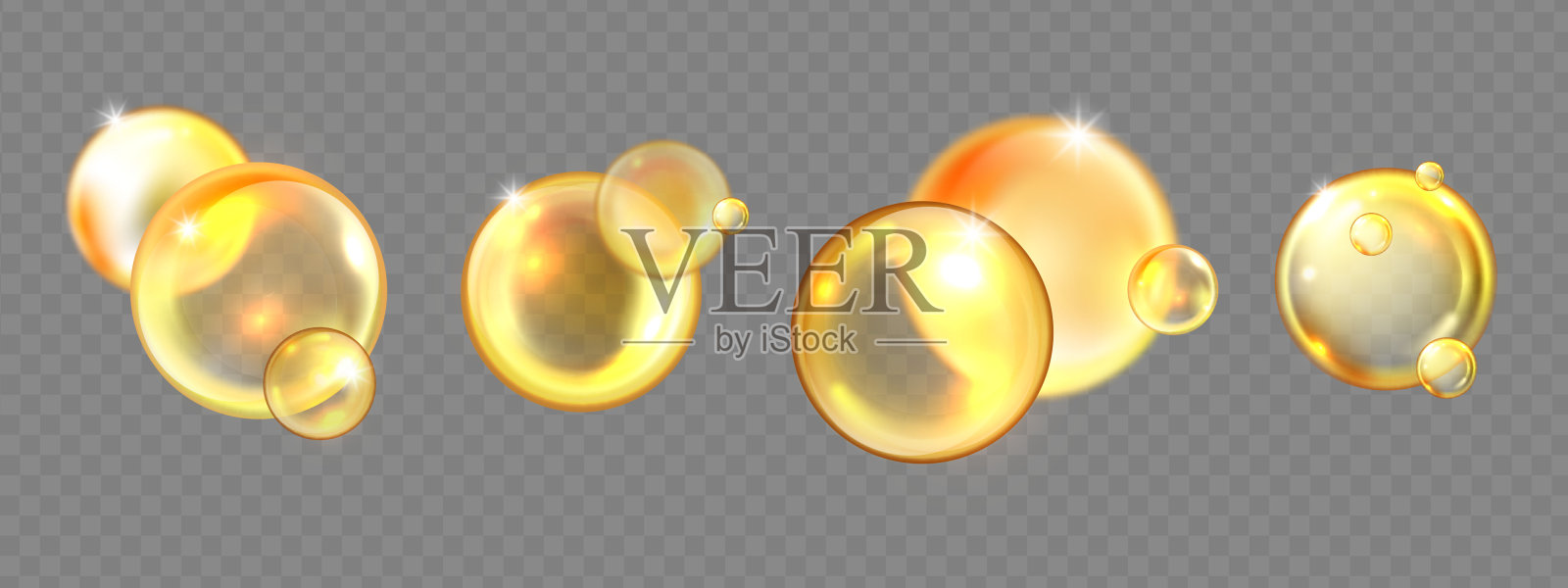 蓖麻油,3D矢量黄金胶原蛋白圈套装,美容维生素产品球图标橙色气泡套装。插画图片素材