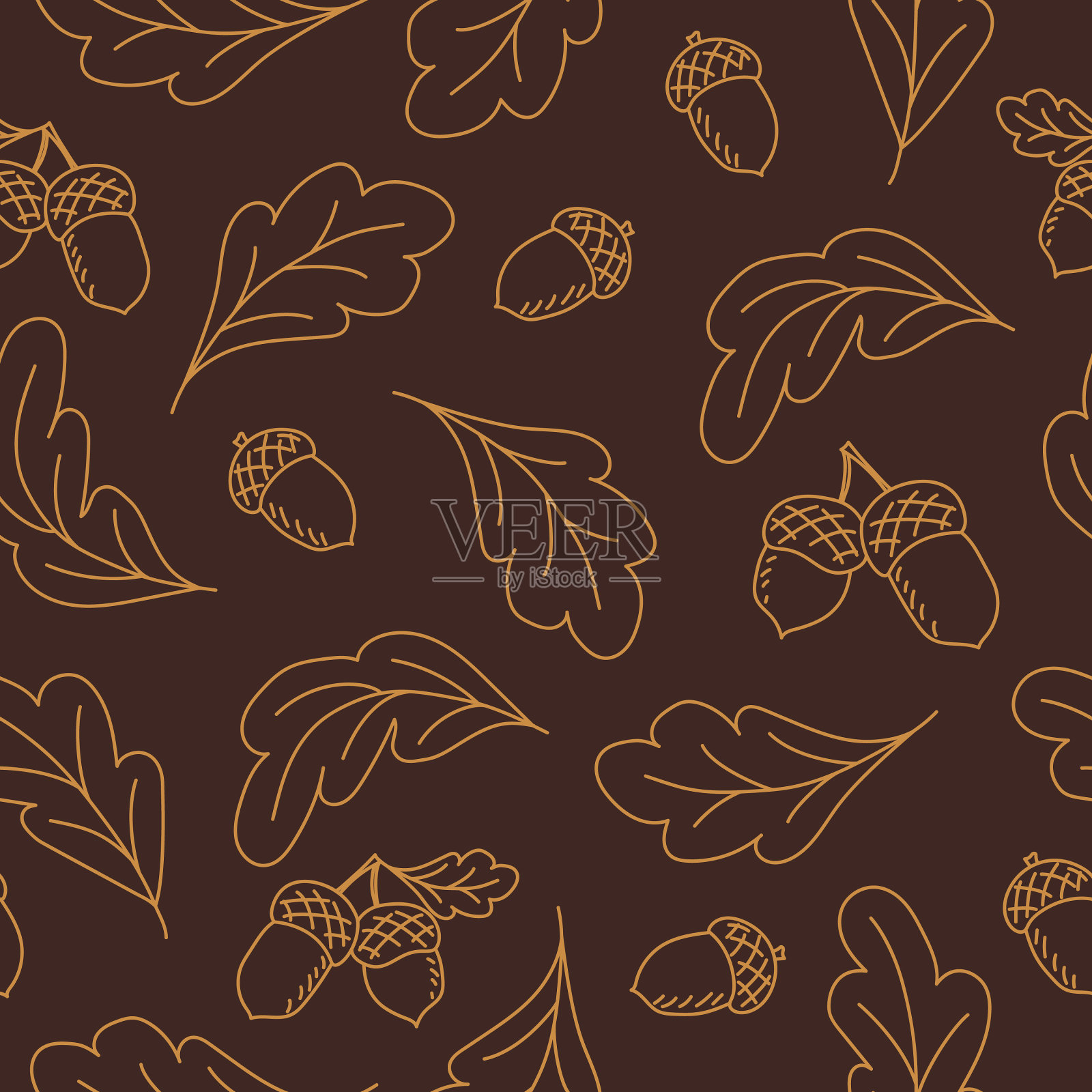 橡树叶和橡子无缝的图案在涂鸦插画图片素材