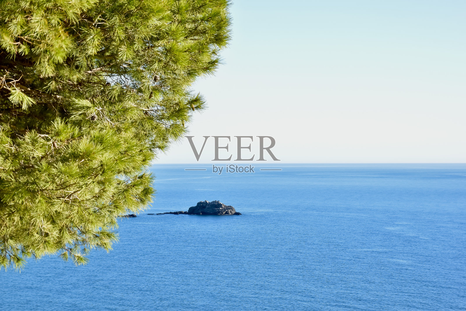 大海和树木对着天空的高角度视图照片摄影图片