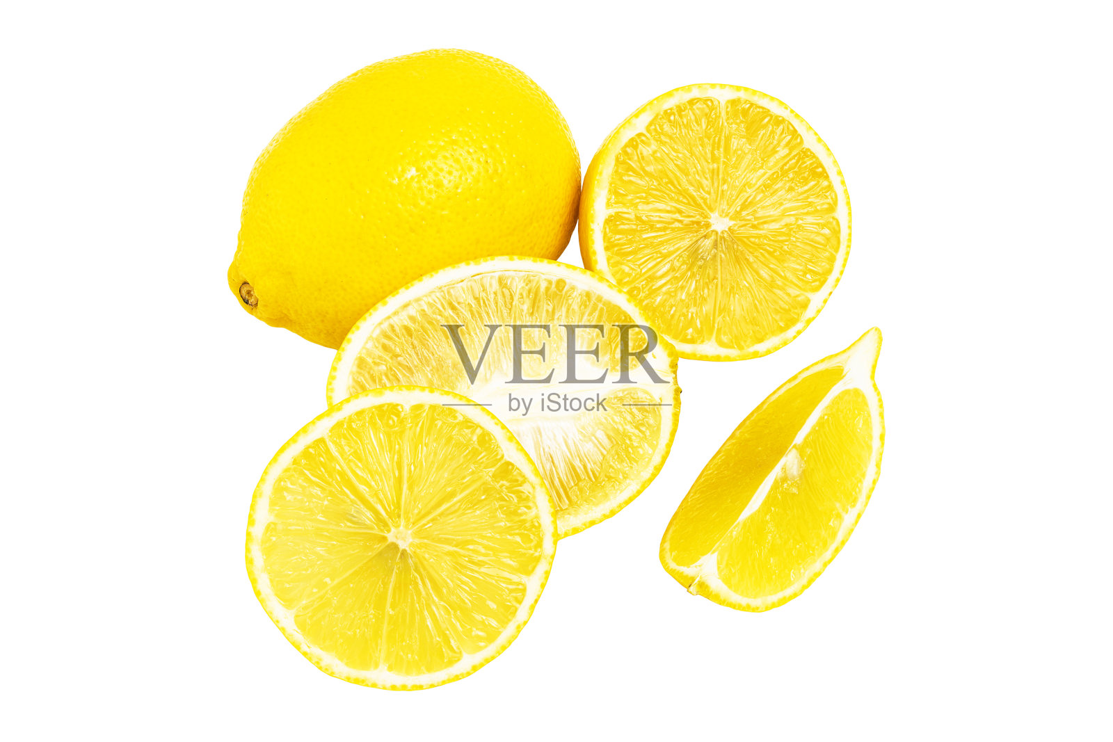 柠檬柑橘类水果,整个,一半和切片分离在白色背景上照片摄影图片