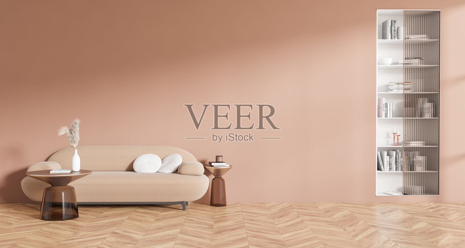 正面视图明亮的客厅内部与粉红色的墙壁照片摄影图片