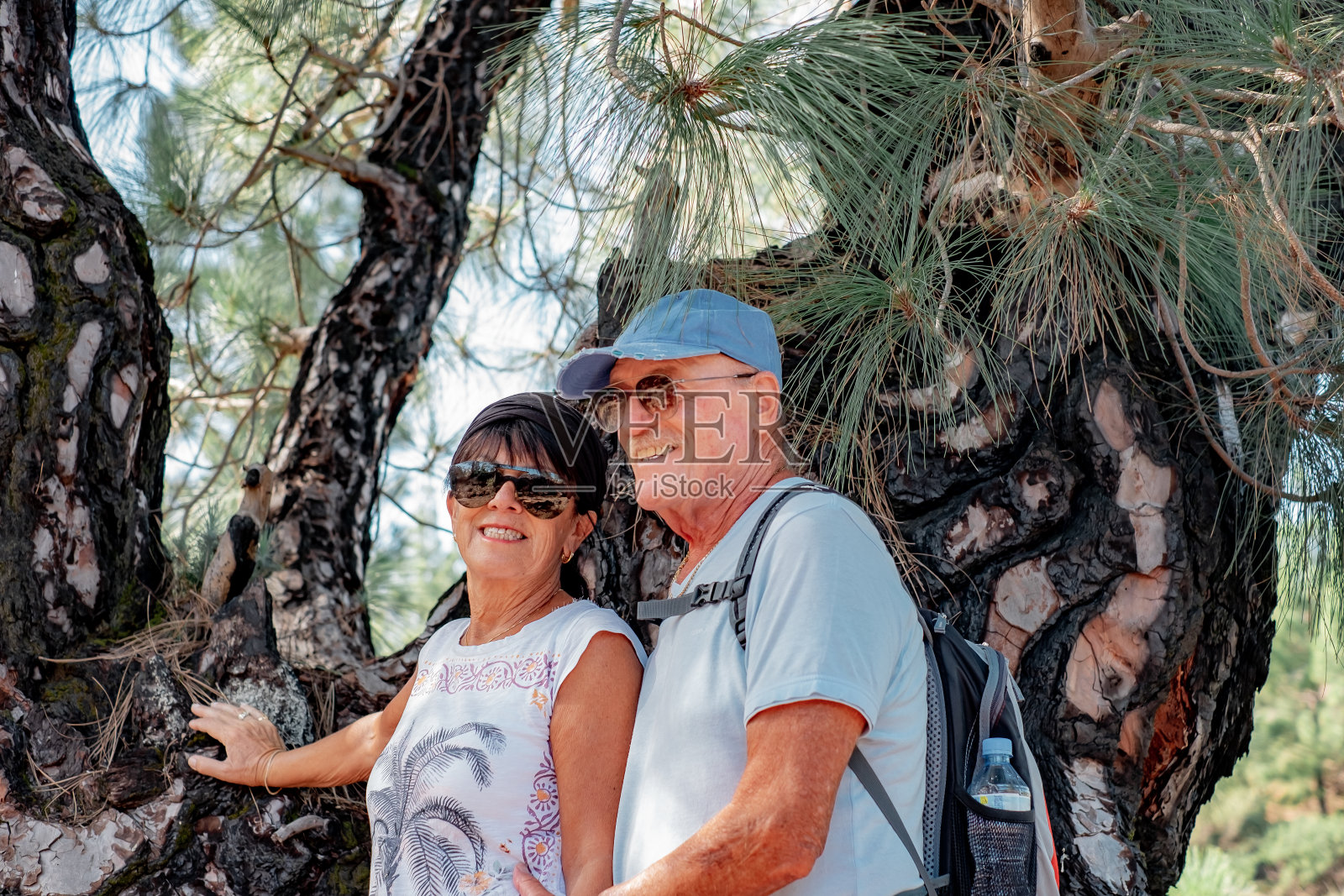 有吸引力的老夫妇在山上远足时走在森林里的肖像,看着相机微笑照片摄影图片