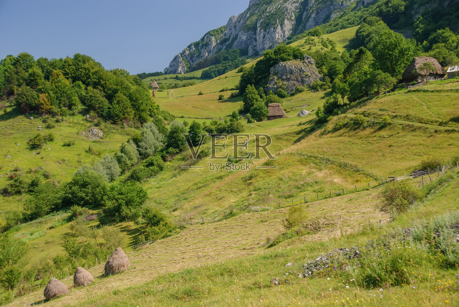 罗马尼亚阿尔巴县特拉斯考山夏日阳光明媚的早晨。在山上用木头和茅草屋顶建造的传统动物收容所。传统罗马尼亚村庄的老房子稻草屋顶照片摄影图片