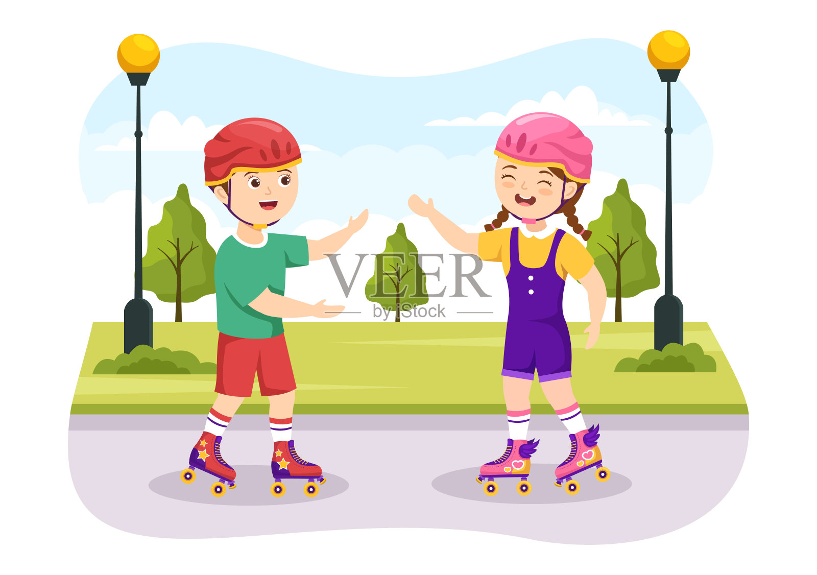 孩子们骑旱冰鞋在城市公园户外活动,体育娱乐或周末休闲在平面卡通手绘模板插图插画图片素材