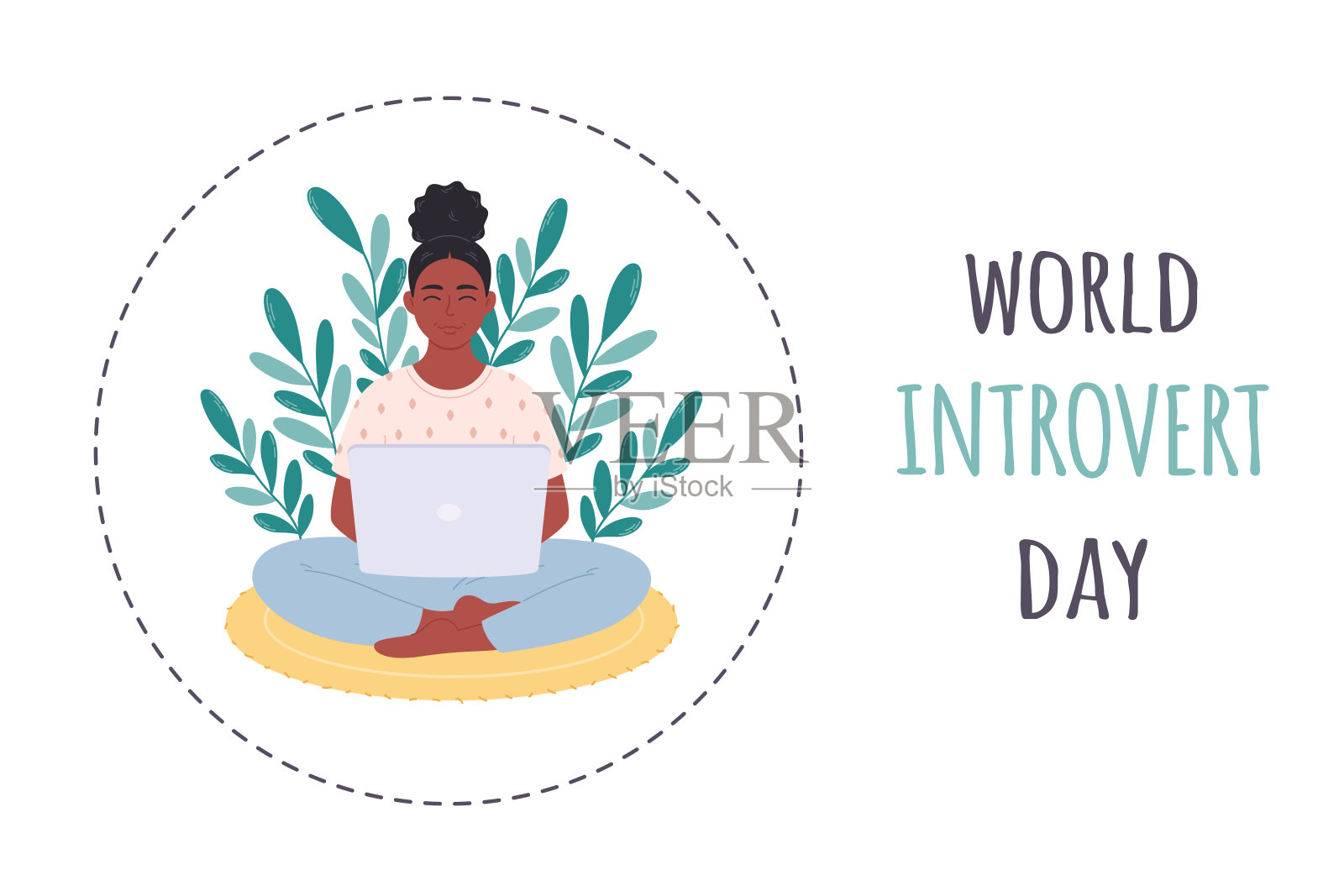 世界内向者日。女人拿着笔记本电脑。个人空间概念。内向者的工作空间。手绘矢量图插画图片素材