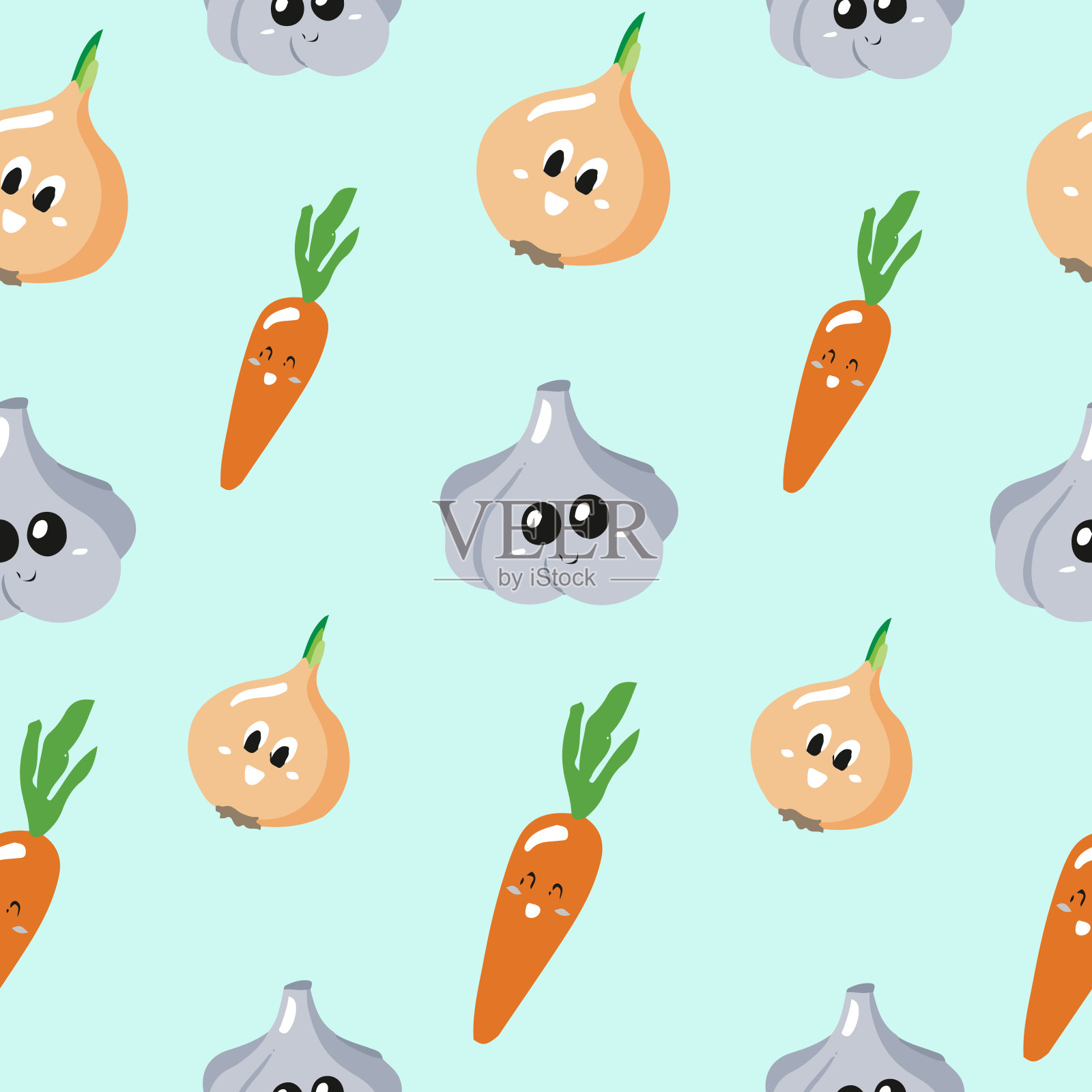 可爱的无缝图案与卡通蔬菜。插画图片素材