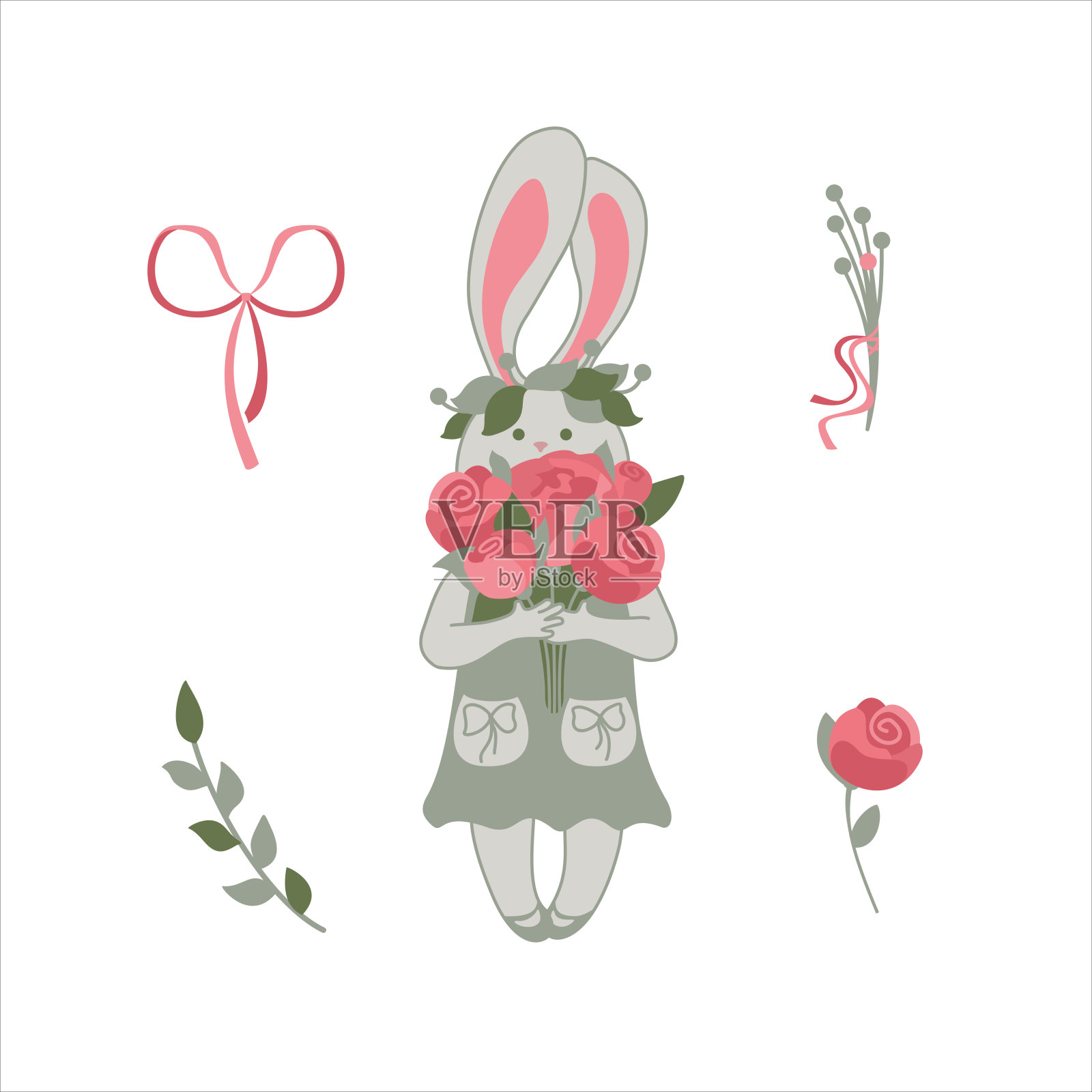 拿着花束的兔女郎。孩子们说明。卡。向量。插画图片素材