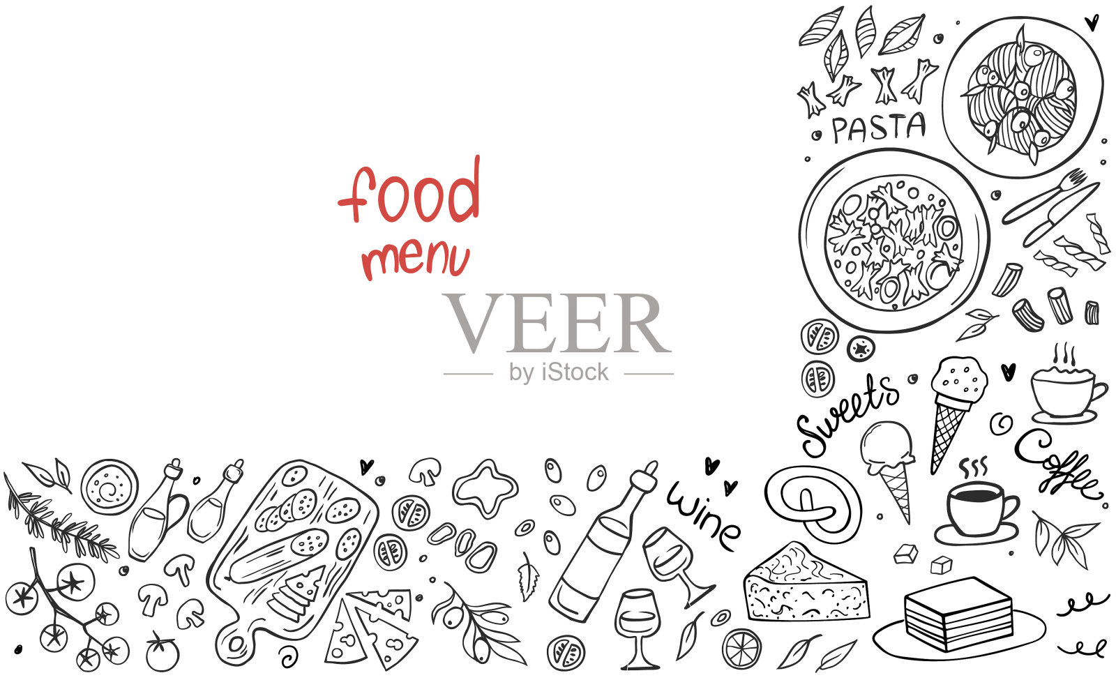 白色背景上隔离的一套食物。涂鸦。插画图片素材