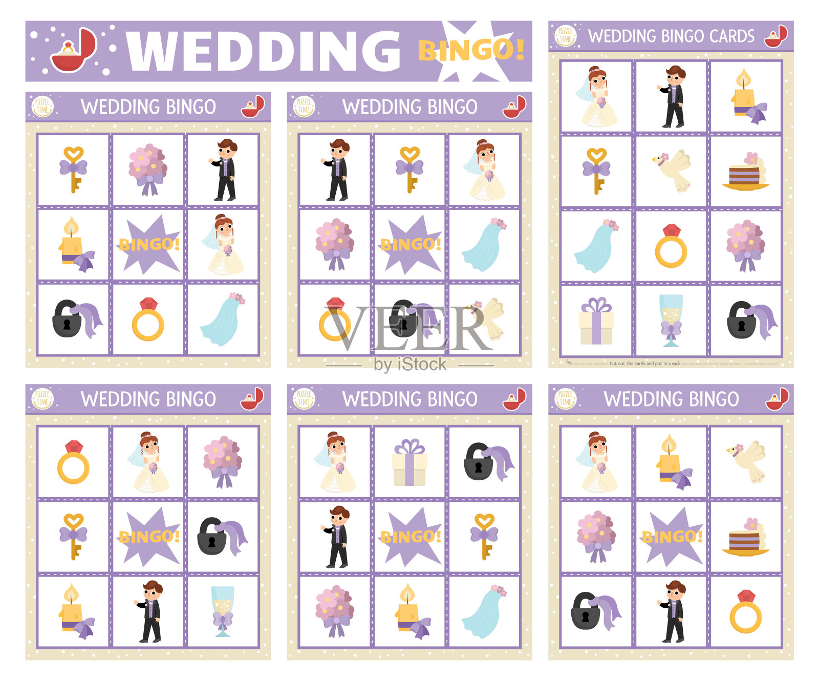 矢量婚礼宾果卡组。有趣的家庭乐透棋盘游戏与可爱的新娘和新郎的孩子。婚礼抽奖活动。简单的教育打印工作表。插画图片素材