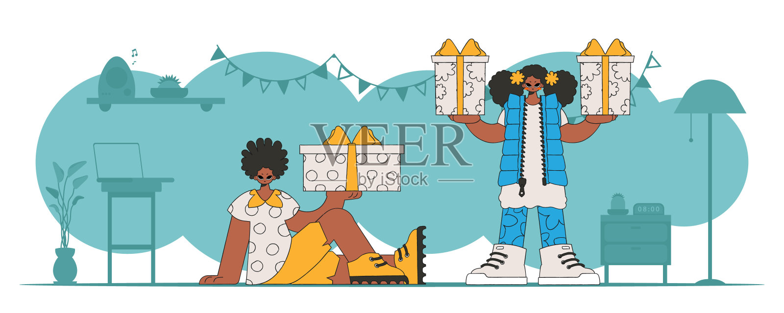 男孩和女孩。手里拿着一个礼品盒。现代复古风格。节日礼物。插画图片素材