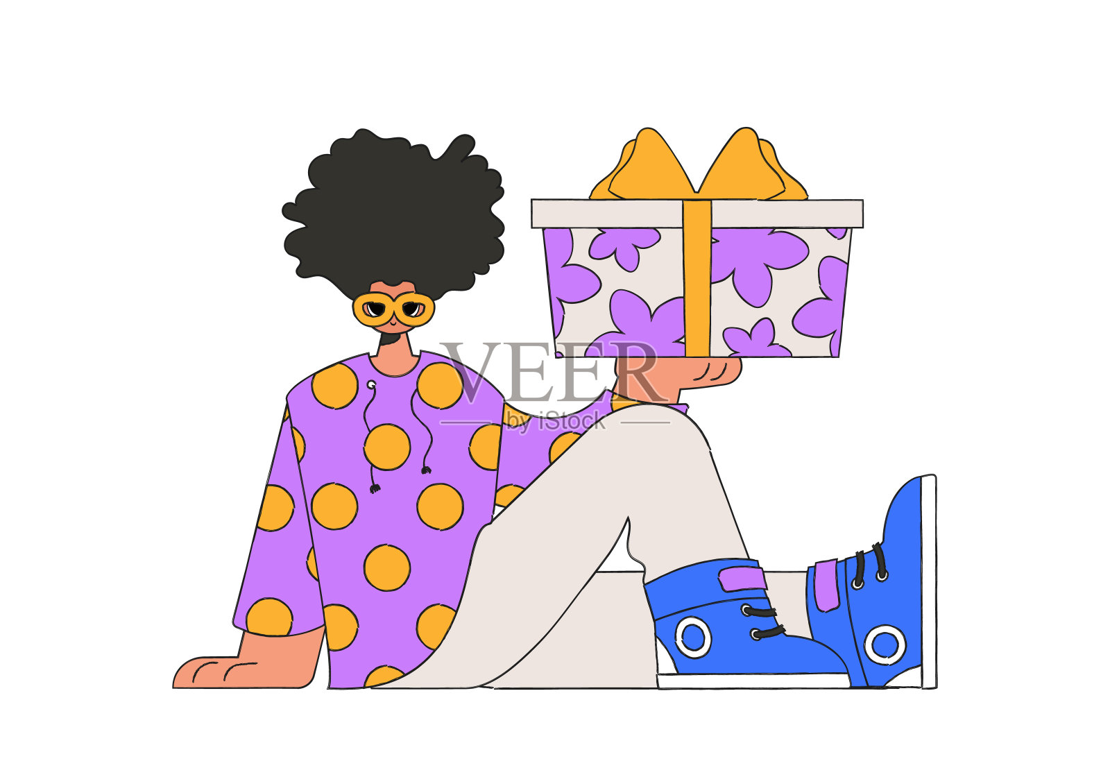 那个男人手里拿着一个礼品盒。现代复古风格。插画图片素材