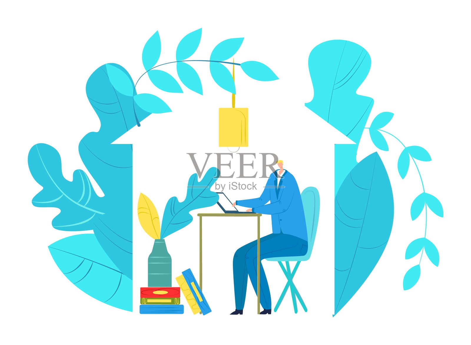 商业工作从家里自由矢量插图。商人的性格使想法,在线远程工作,自由职业者与笔记本电脑。插画图片素材