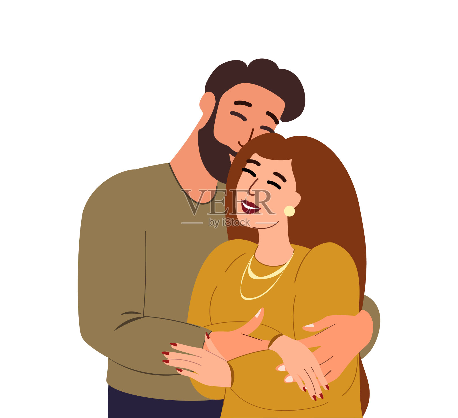 快乐的年轻浪漫情侣在一起。妻子和丈夫拥抱在一起。支持、温暖、爱的关系。家人之间互相信任,互相帮助。真爱。微笑的女人和男人。平面矢量图插画图片素材
