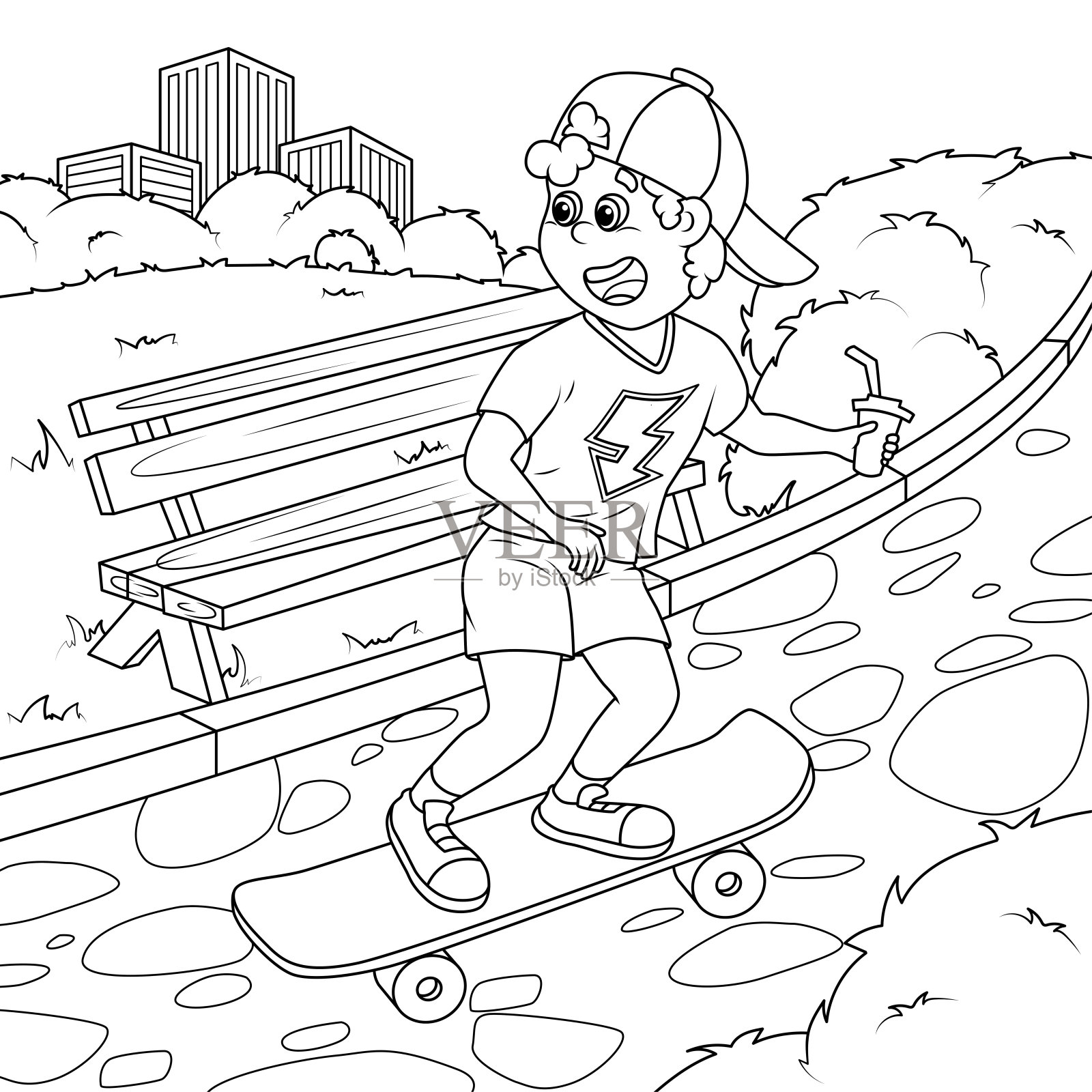 那个男孩正在公园里玩滑板。插画图片素材