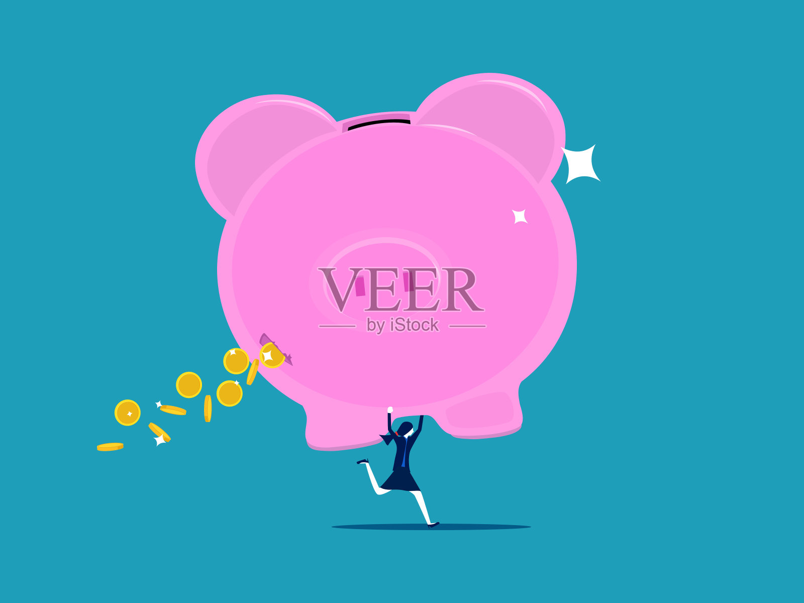 储蓄使钱贬值。女商人拿着一个大存钱罐,亏钱了插画图片素材