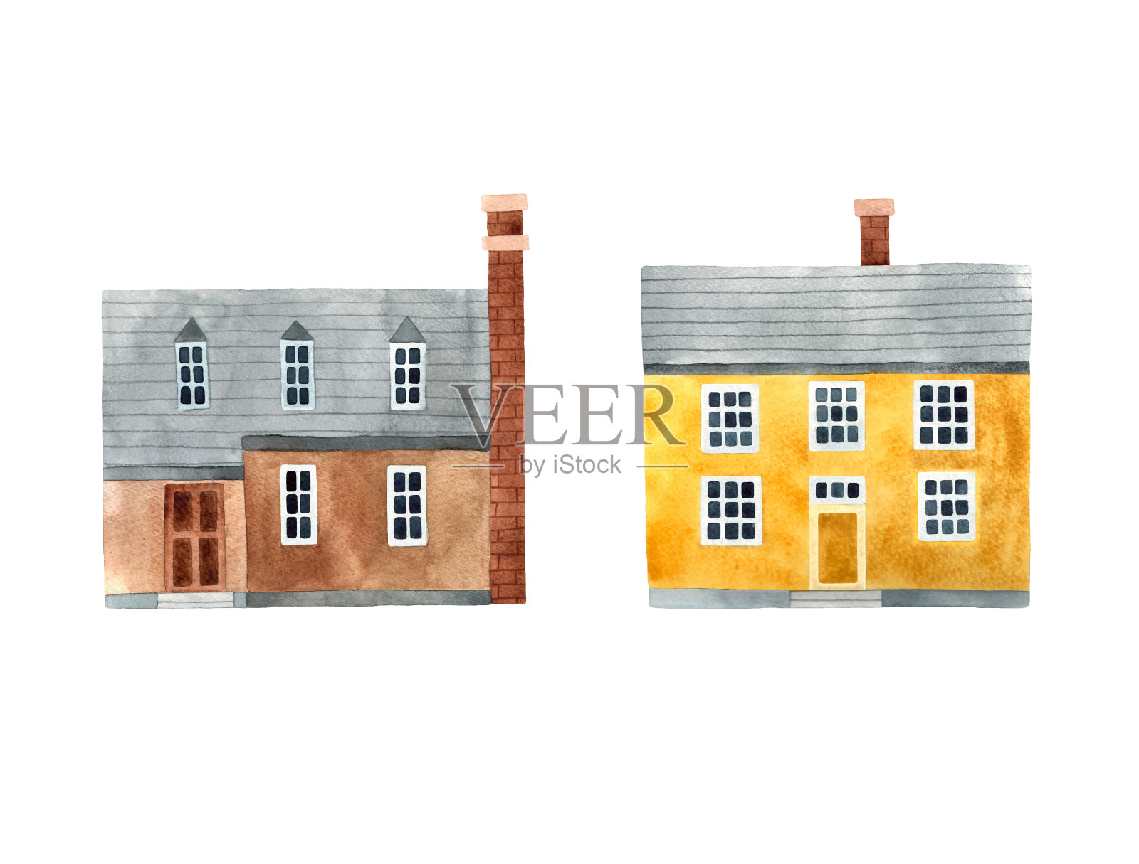 水彩手绘插图的乡村房屋设置。白色背景上孤立的建筑。插画图片素材