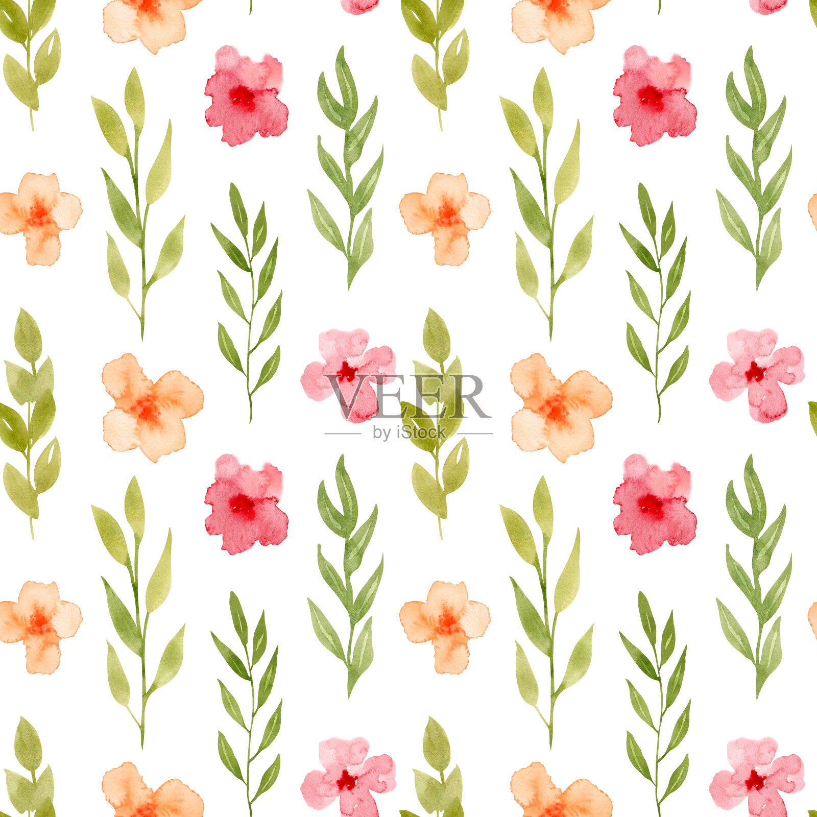 花卉无缝模式与抽象的红色,粉红色和橙色的花朵。水彩手绘印刷在孤立的背景纺织品设计或包装纸。植物精致彩色插图插画图片素材