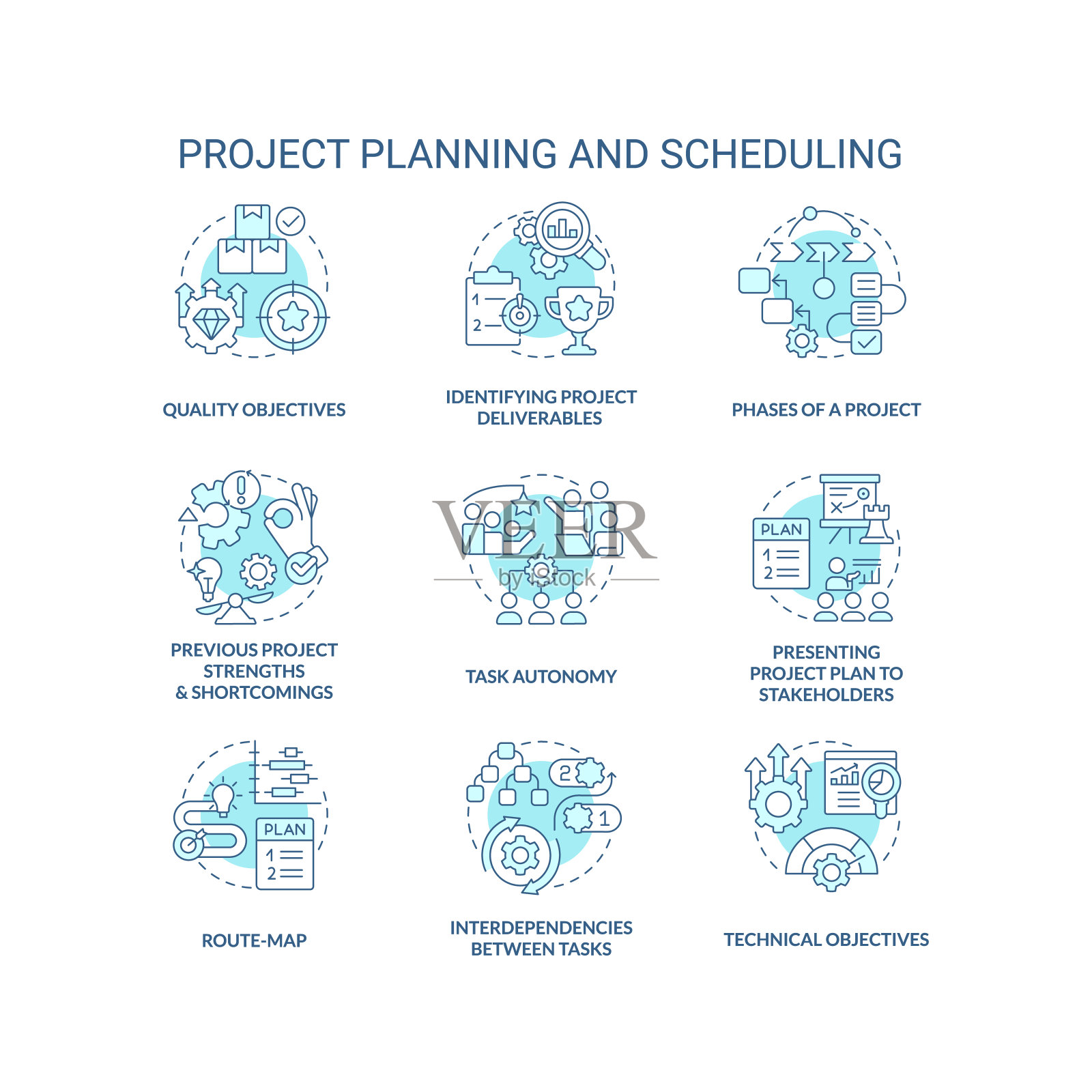 项目规划和调度绿松石概念图标集插画图片素材