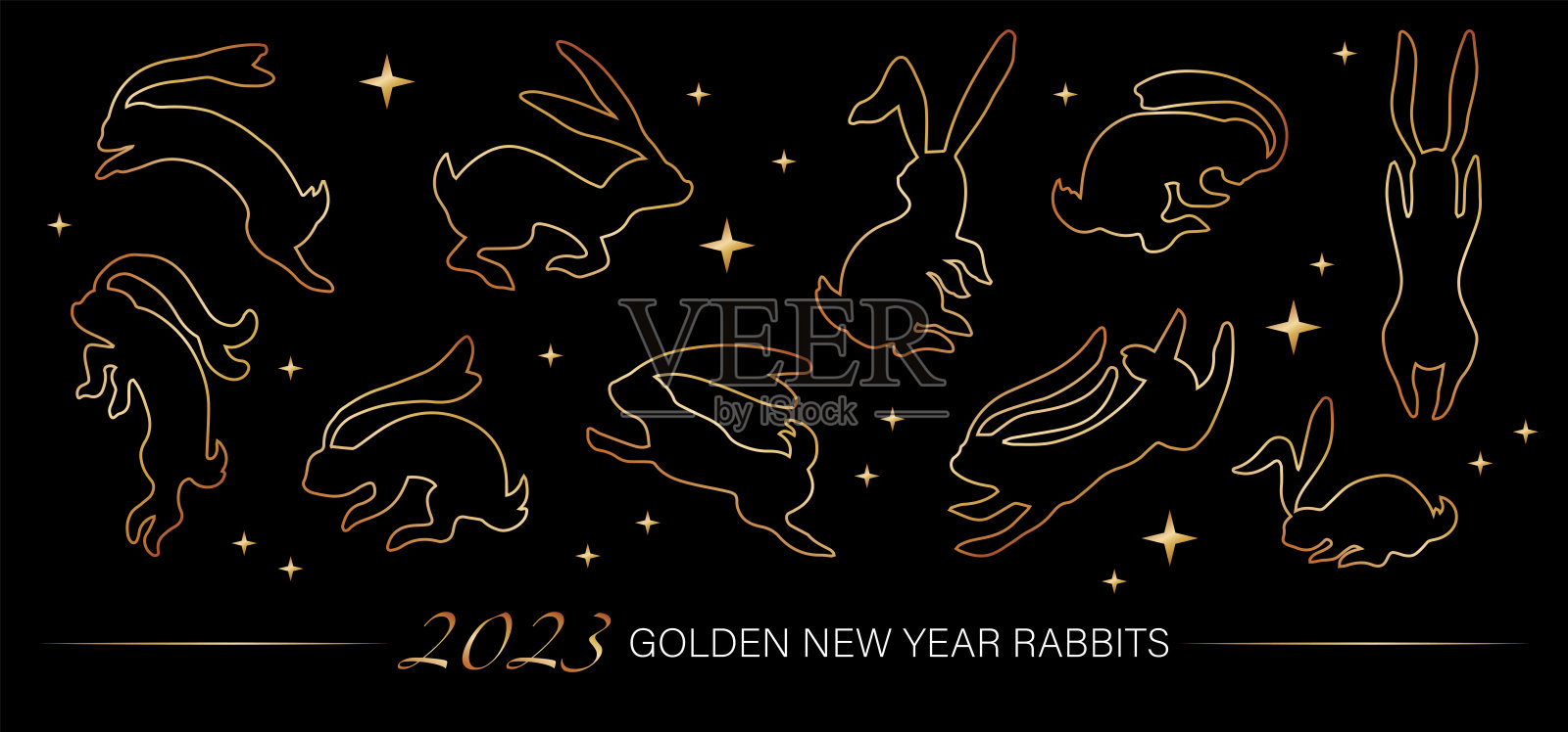 一组矢量金兔子,中国新年的装饰元素,2023生肖的金色线条艺术,2023年的象征。设计元素图片