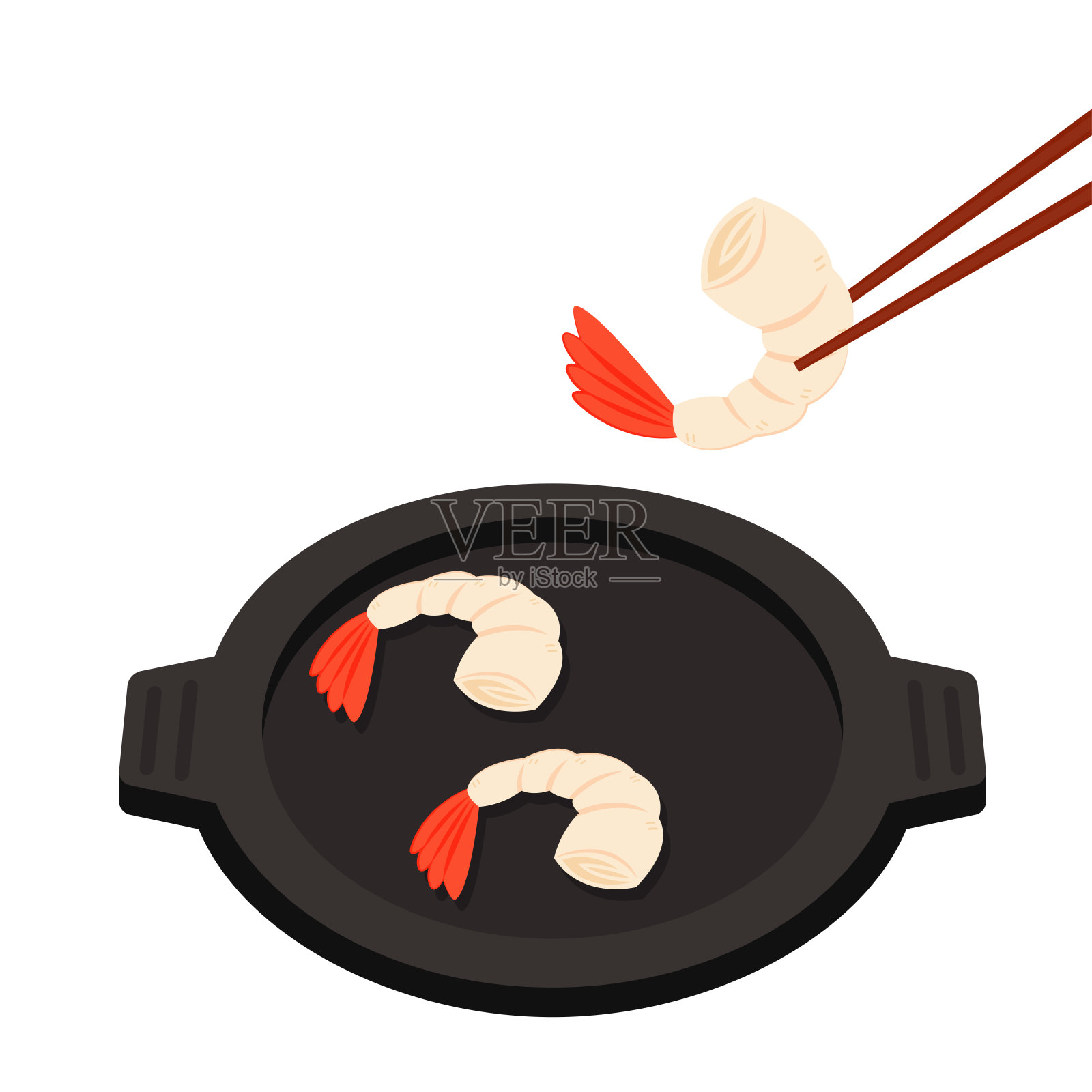 虾卡通矢量。平底矢量上的虾。虾标志设计。海鲜标志。插画图片素材