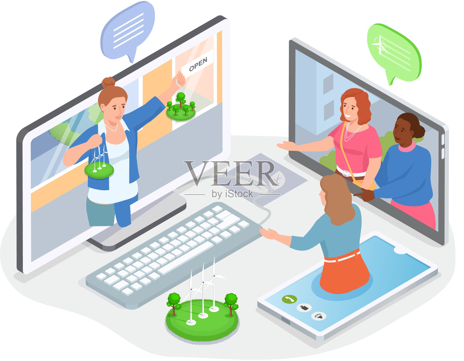 女人在网上和朋友交流。通过在线视频聊天与女性角色聊天插画图片素材