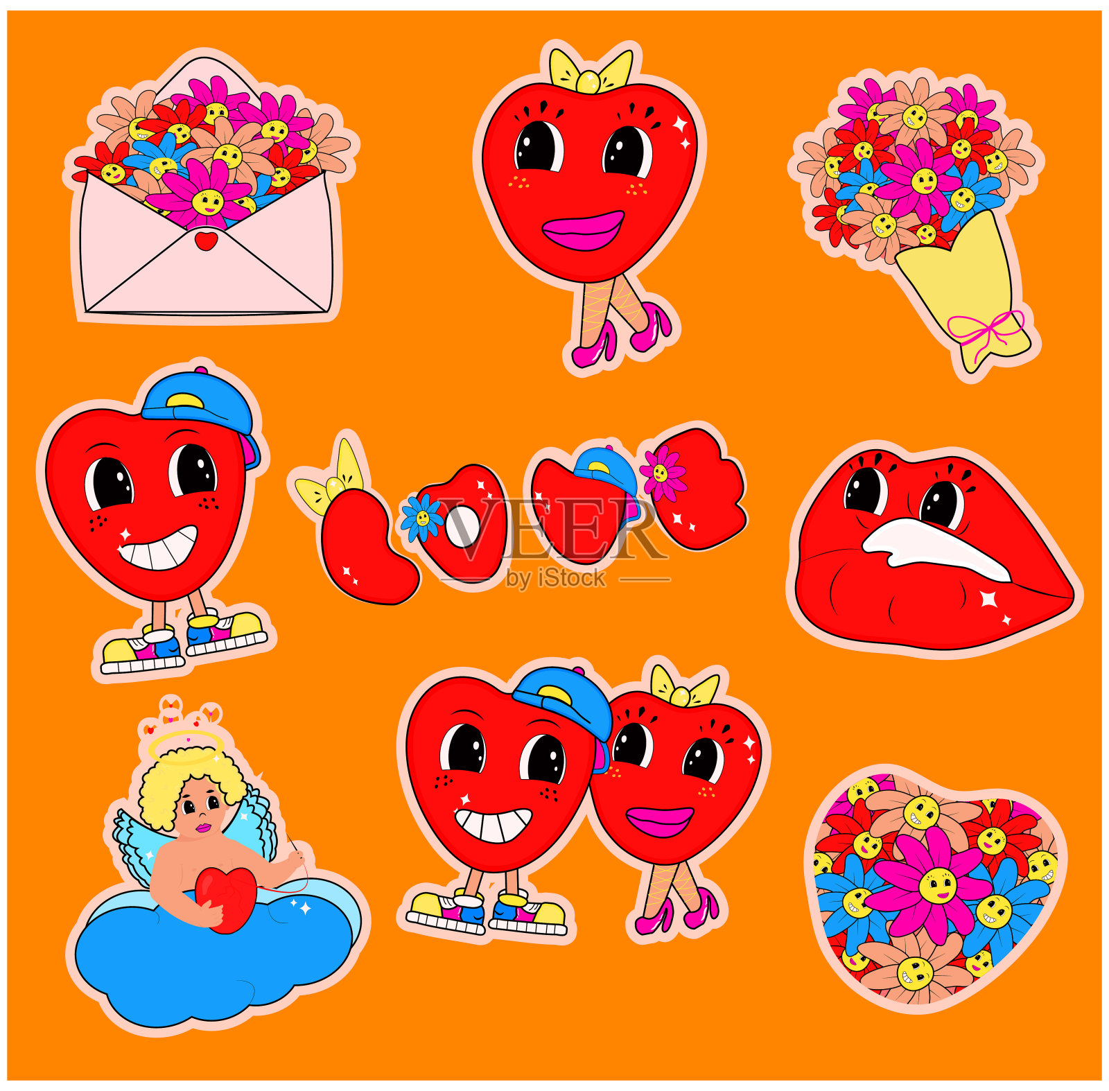 千年虫风格的情人节贴纸设计模板素材