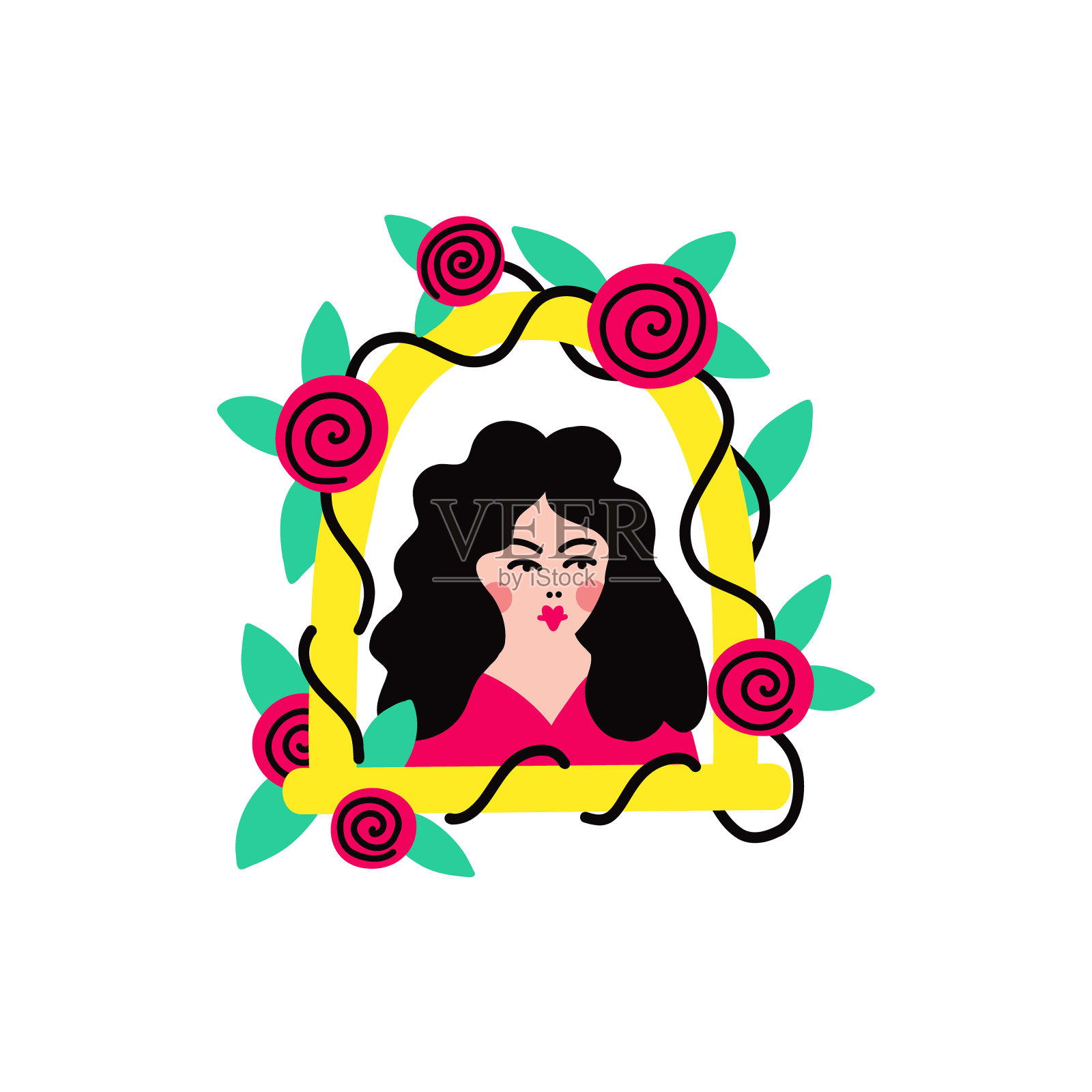 复古女孩肖像在花金色框架。可爱的卡通矢量插图在老派涂鸦风格插画图片素材