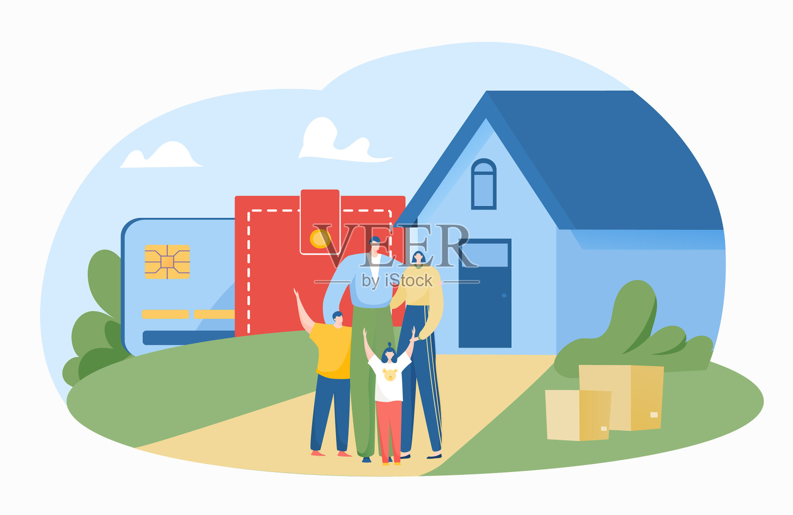 人们年轻可爱的家庭买新房子插画图片素材