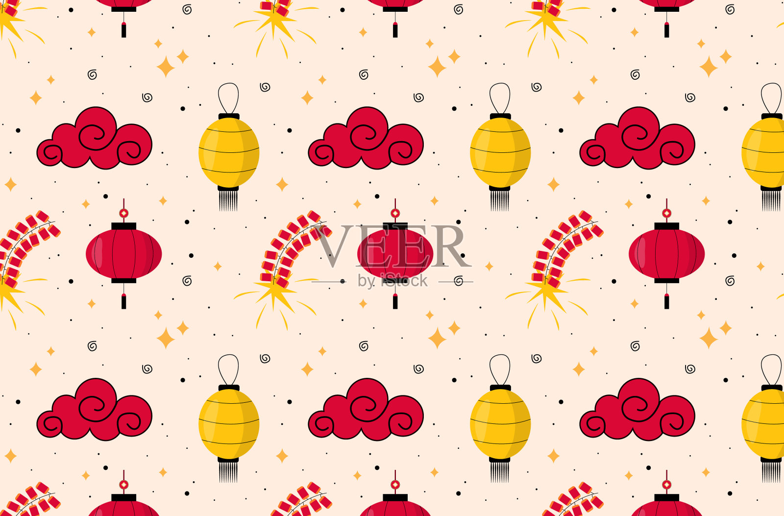 中国新年。图案与中国灯笼,烟花和云插画图片素材