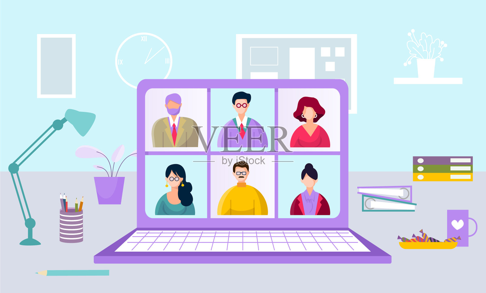 现代在线自由职业者在家远程工作插画图片素材