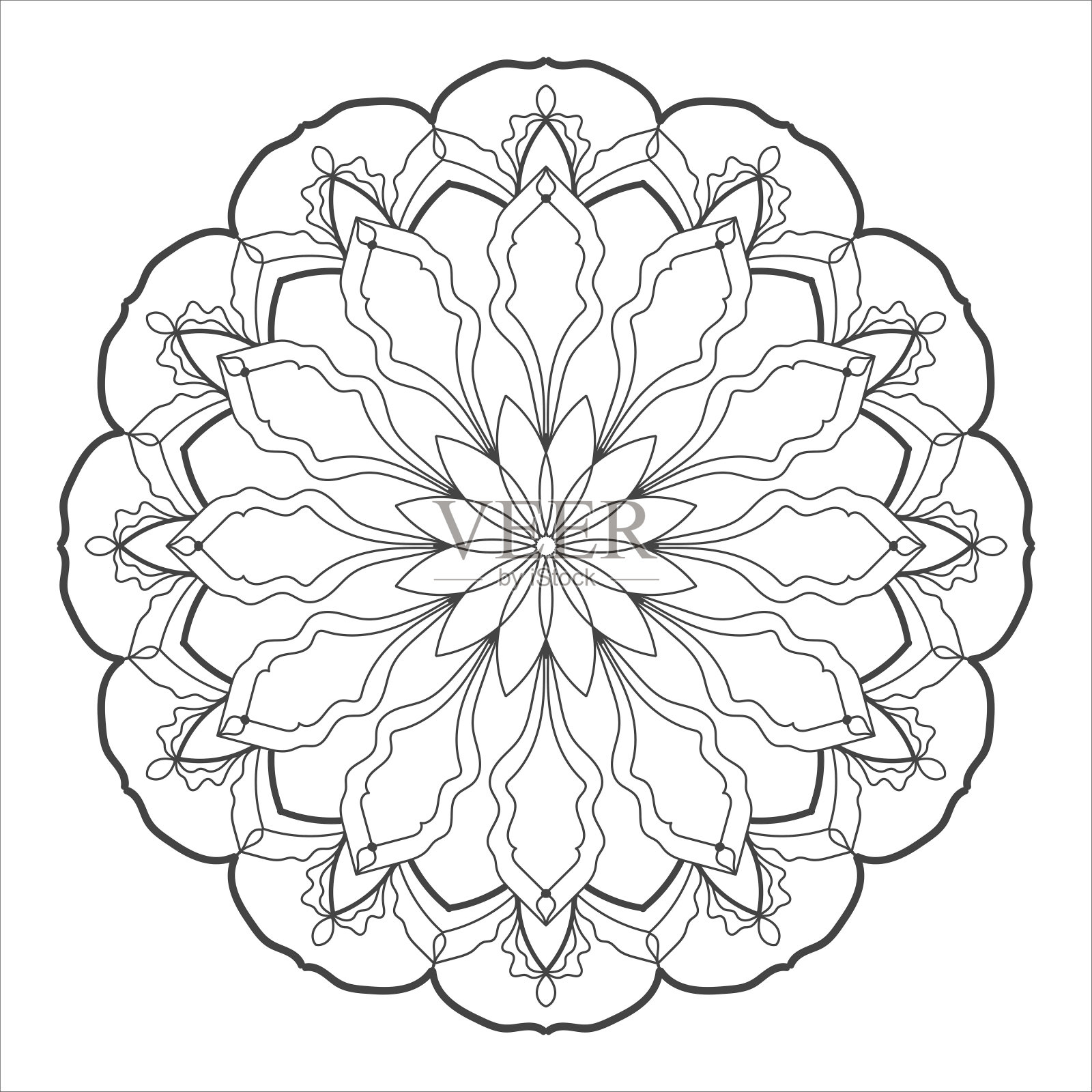 矢量曼荼罗涂色书页。华丽的圆形花花边轮廓黑色轮廓在白色。花卉,自然元素,几何对称,民族风格,圆形花边图案,艺术模板。插画图片素材